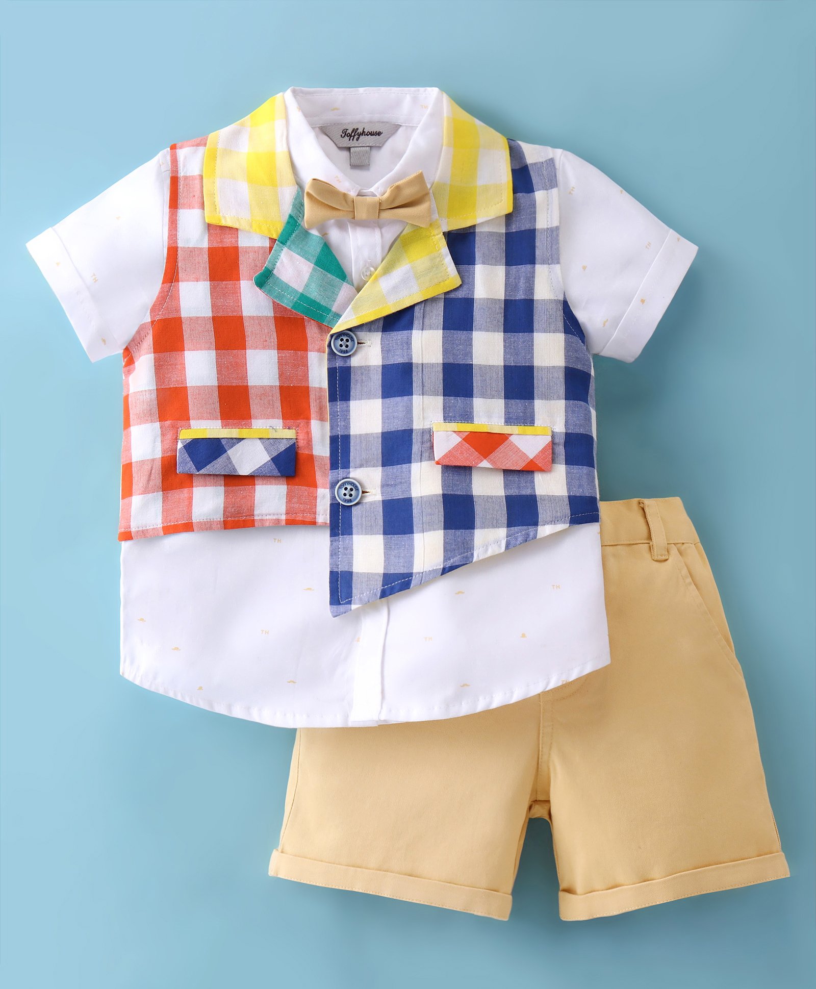 ToffyHouse 100% Cotton Woven Half Sleeves Shirt & Shorts Set with Checkered Waist Coat & Bow - Beige-picture-14