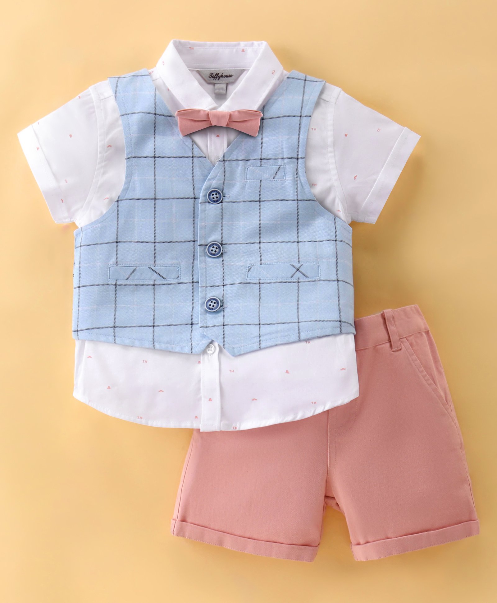ToffyHouse Cotton Woven Half Sleeves Shirt & Shorts Set with Checkered Waistcoat & Bow - Blue & Pink-picture-10