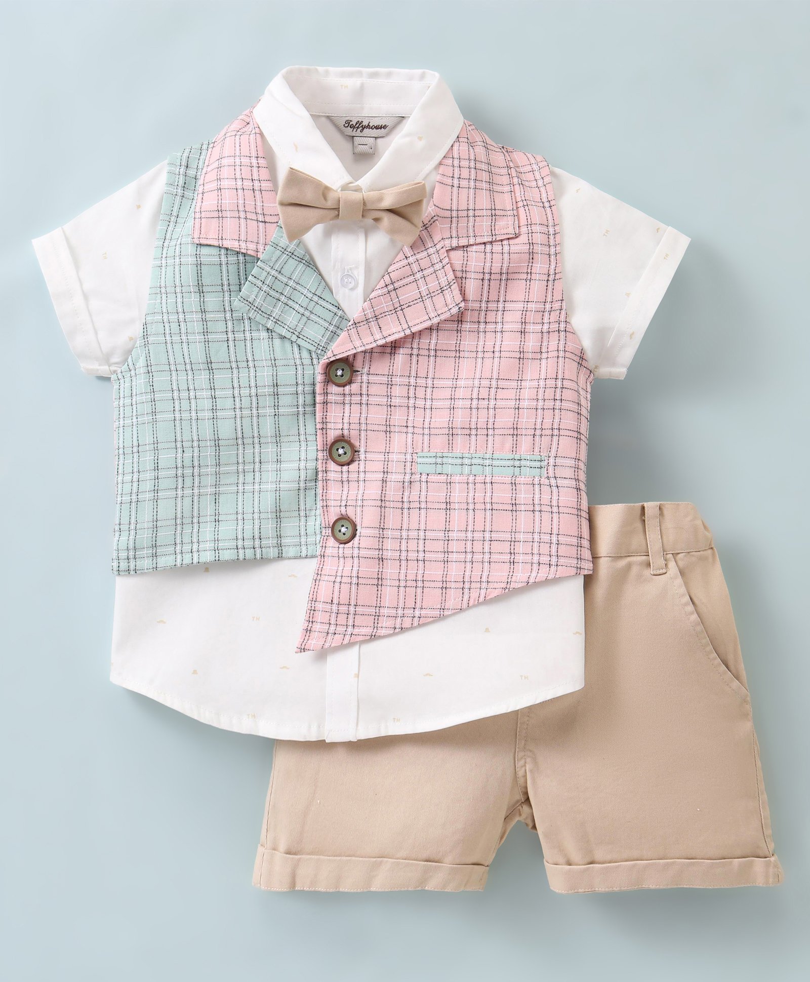 ToffyHouse 100% Cotton Half Sleeves Striped Party Suit with Bow - Beige-image-5