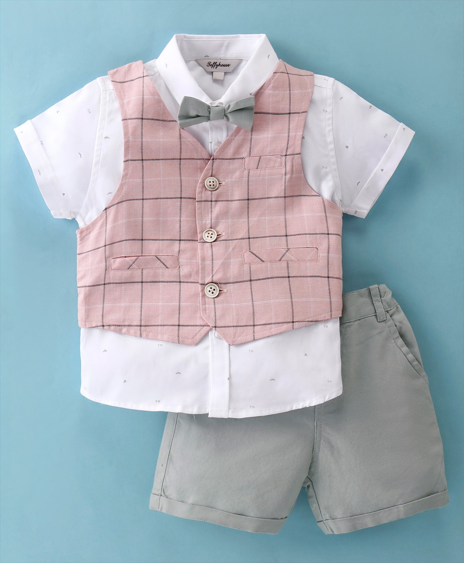 ToffyHouse Cotton Woven Half Sleeves Shirt & Shorts Set with Checkered Waistcoat & Bow - Pink & Grey-picture-30