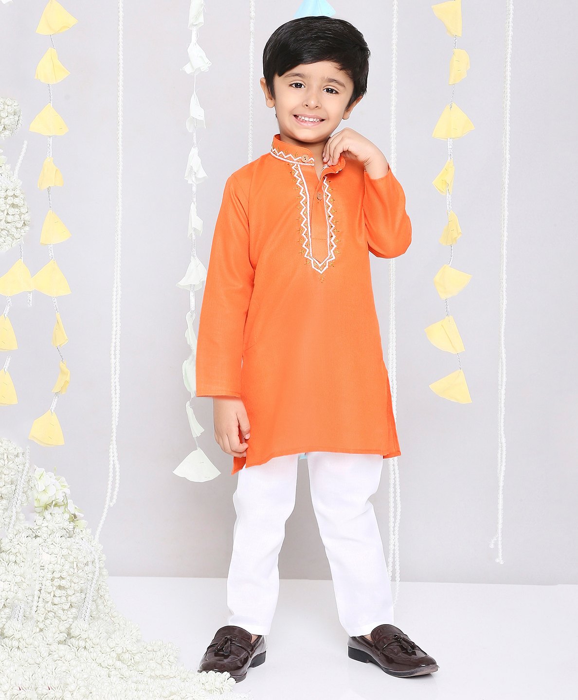 KID1 Full Sleeves Self Design Embroidered Kurta & Pyjama Set - Orange-picture-45