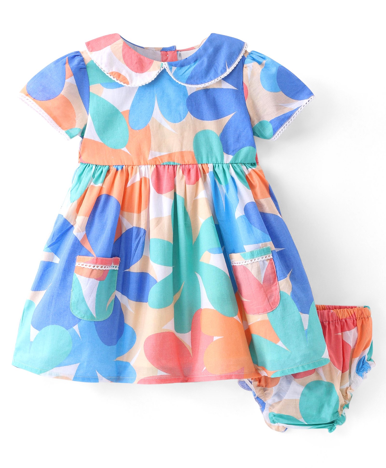 Babyhug Cambric Woven Half Sleeves Frock with Bloomer Floral Print - White & Blue-picture-25