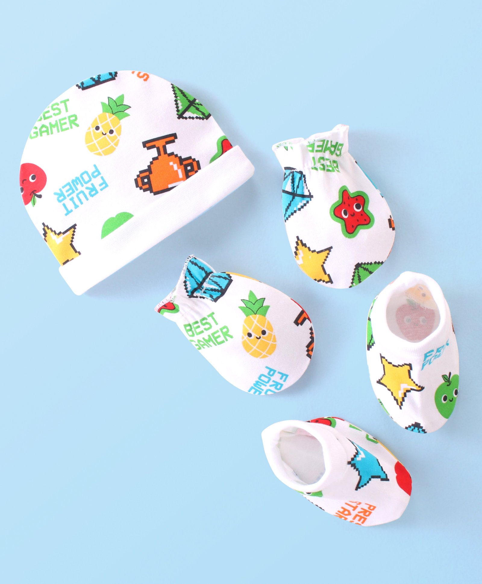 Babyhug 100% Cotton Cap Mittens & Booties Set Fruit Print - Multicolour-image-44