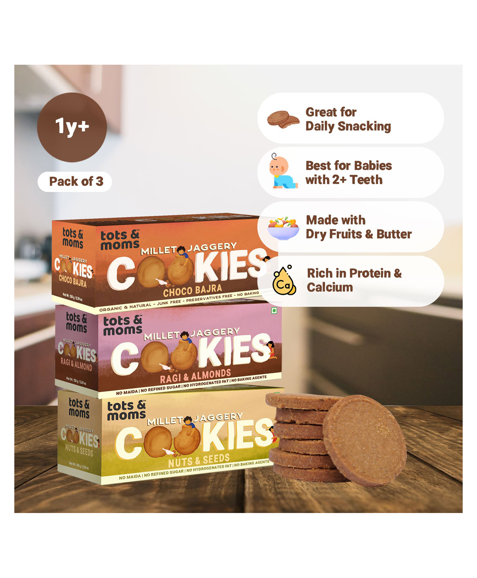 Tots & Moms Millet & Jaggery Cookies | Nuts & Seeds | Ragi & Almonds | Choco Bajra | 150g Each