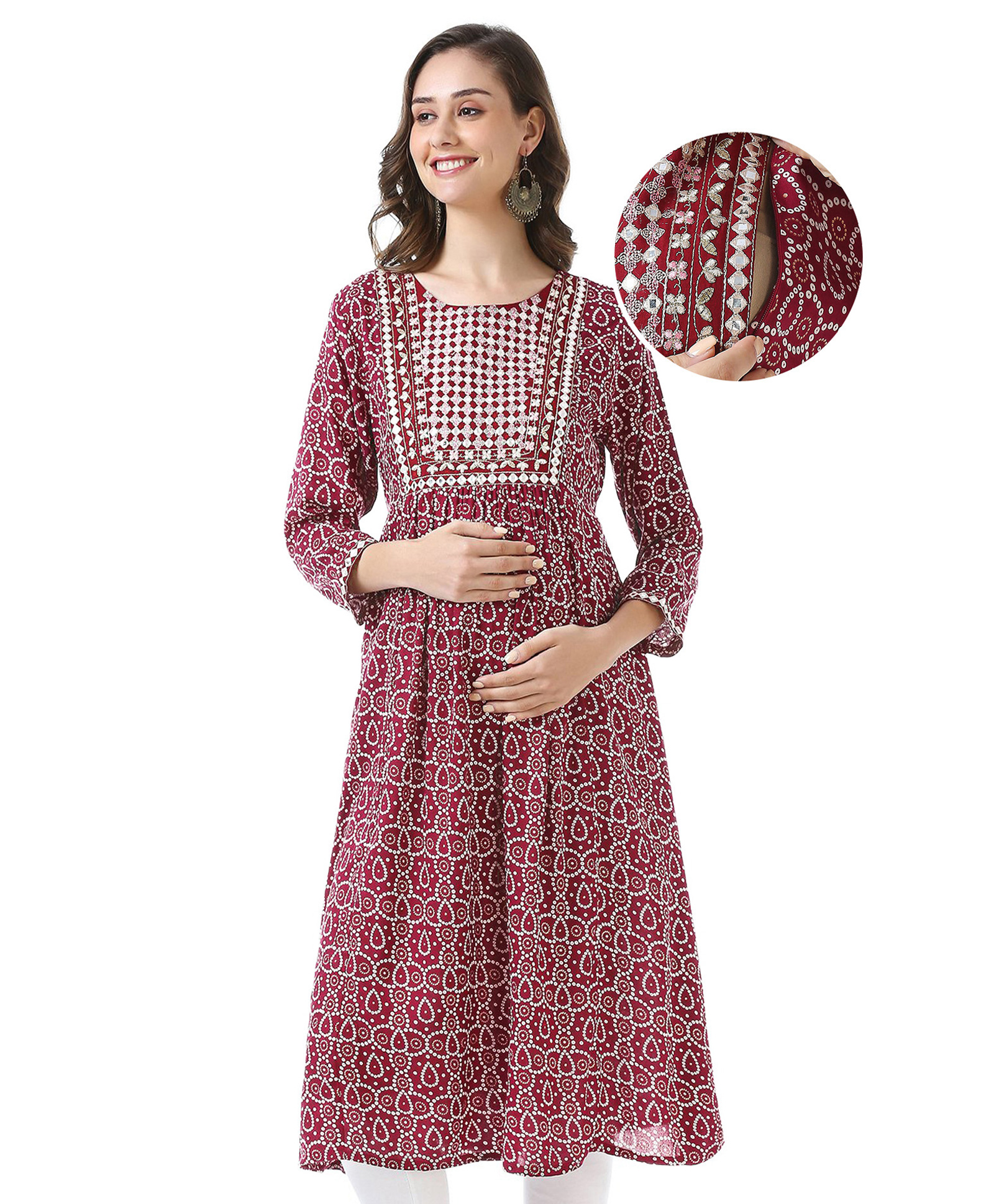 Bella Mama Woven Three Fourth Sleeves Bandhani Print With Highlight Yoke Maternity Kurta - Maroon-image-12