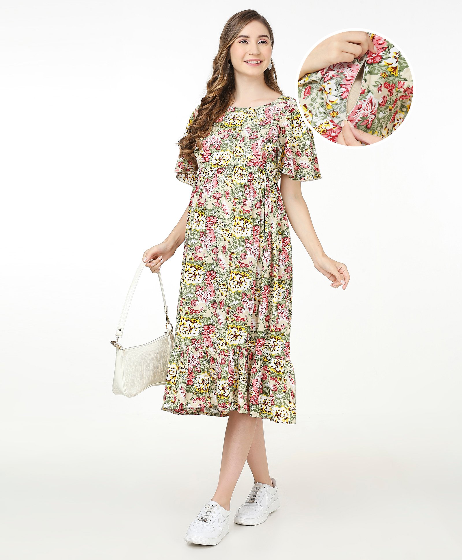 Bella Mama Woven Flutter Sleeves Maternity Dress with Side Pockets Floral Print - Green-image-47