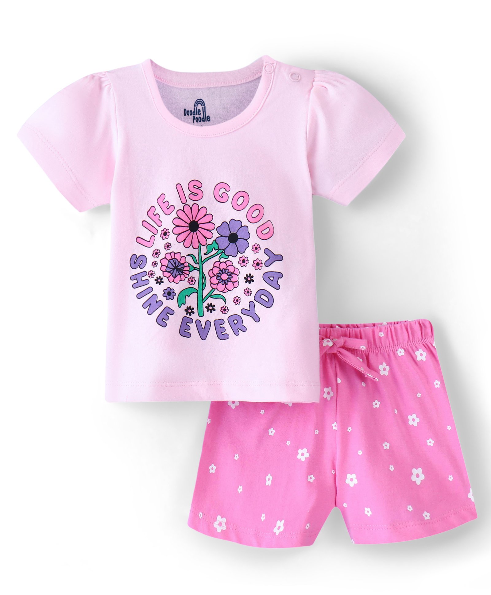 Doodle Poodle 100% Cotton Half Sleeves Night Suit Floral Print - Pink-picture-26