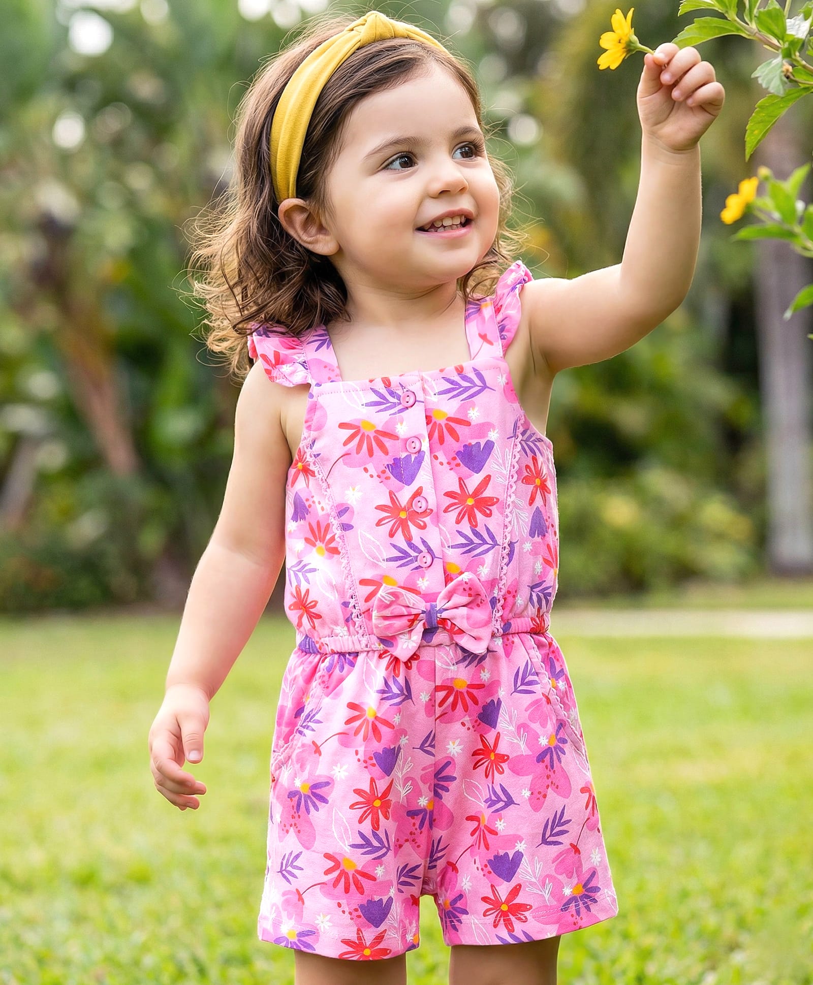 Babyoye Cotton Knit Frill Sleeves Jumpsuit Floral Print & Bow Applique - Pink-picture-24
