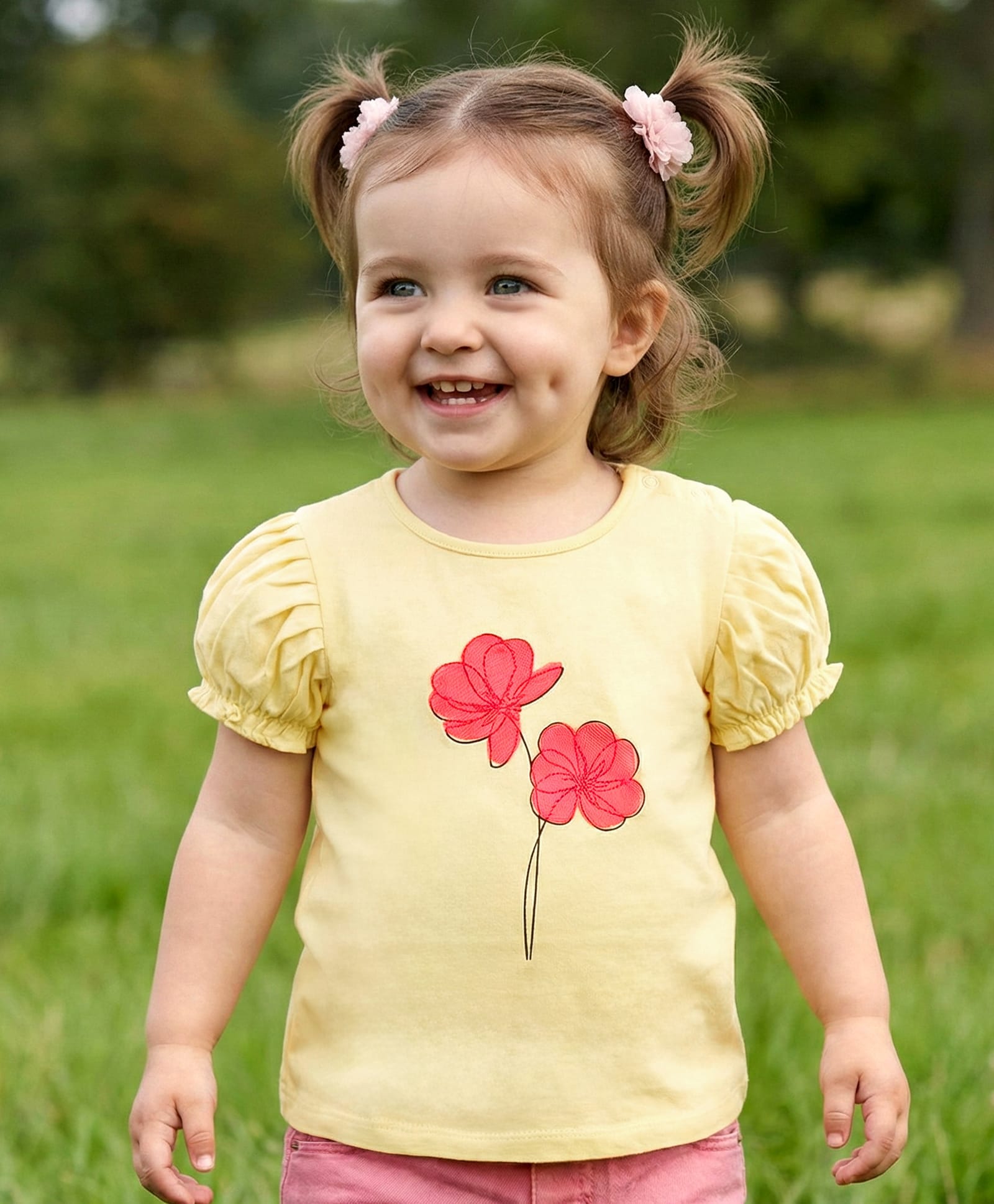 Babyoye Cotton Puffed Half Sleeves Top Flowers Print - Yellow-picture-13