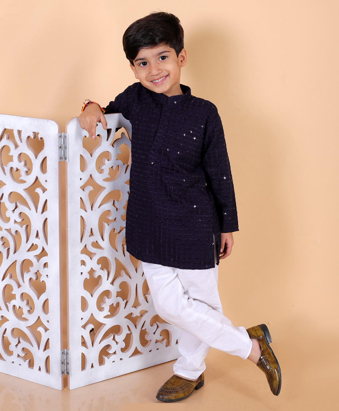 MoMaa Full Sleeves Checked Sequin Embellished Kurta & Pyjama Set - Navy Blue-picture-21