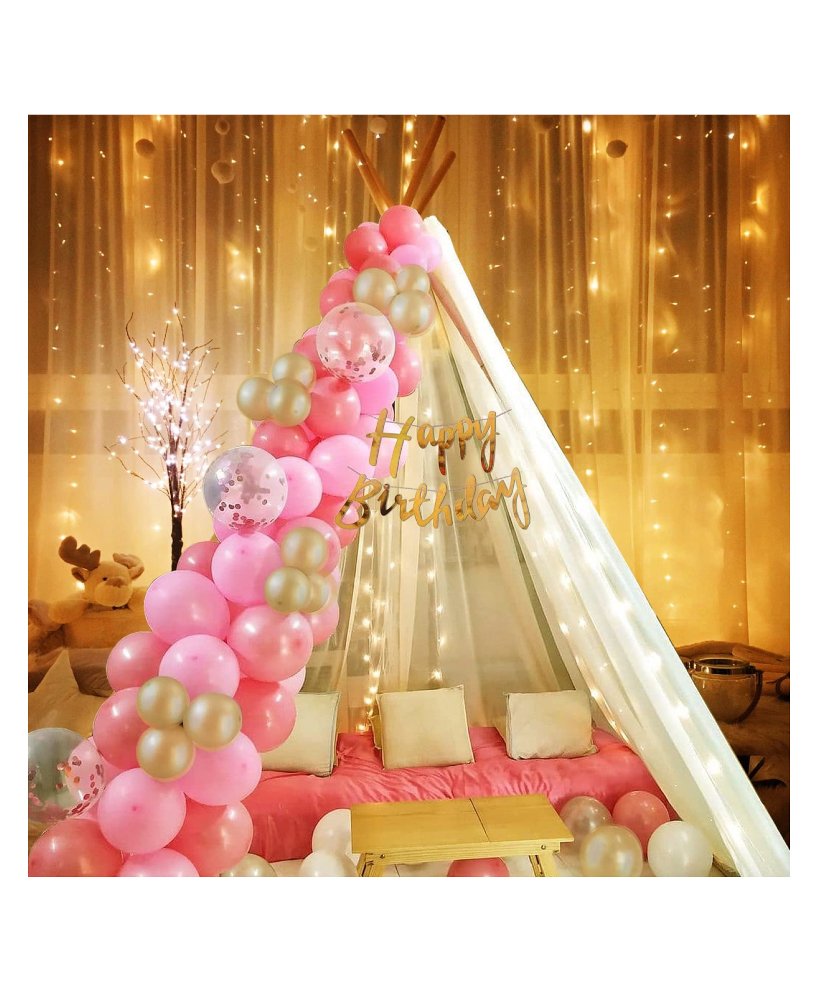 Bubble Trouble Cabana Birthday Decoration Items - 26 Pcs, Canopy Tent For Decoration | White Net Curtain For Birthday Decoration With Lights | Pink, Golden Balloons | Birthday Decoration For Girls, Boys-image-6