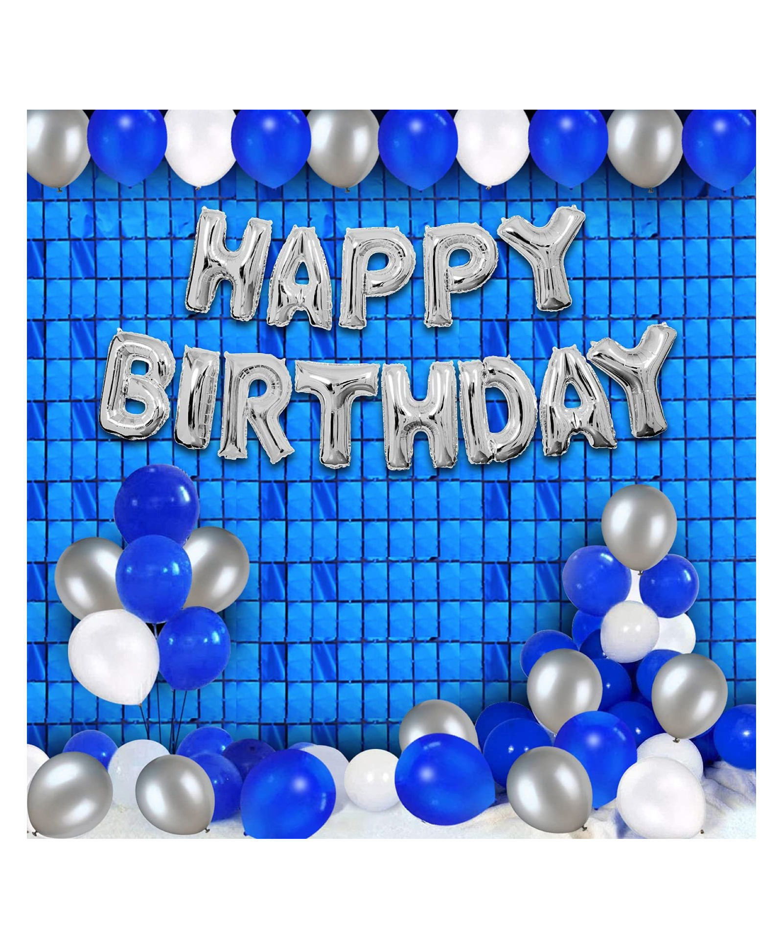 Bubble Trouble Blue Theme Birthday Decoration-Pack Of 32 Pcs Blue Square Foil Curtain|Birthday Foil Balloons|Blue,SilverandWhite Metallic Balloons|Metallic Balloons,Decoration Combo For Boys,Men,Husband-picture-16