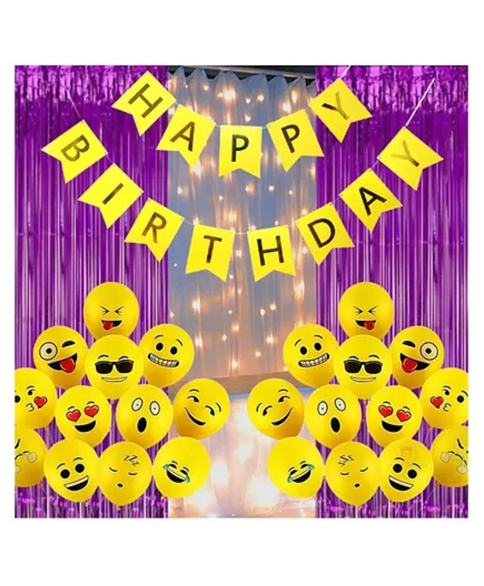 Bubble Trouble Happy Birthday Decoration Kit Combo Set Emoji Smiley Balloons Fairy LED Light Foil Curtains Banner Girls Boys Kid Yellow Purple - Pack Of 54-image-48