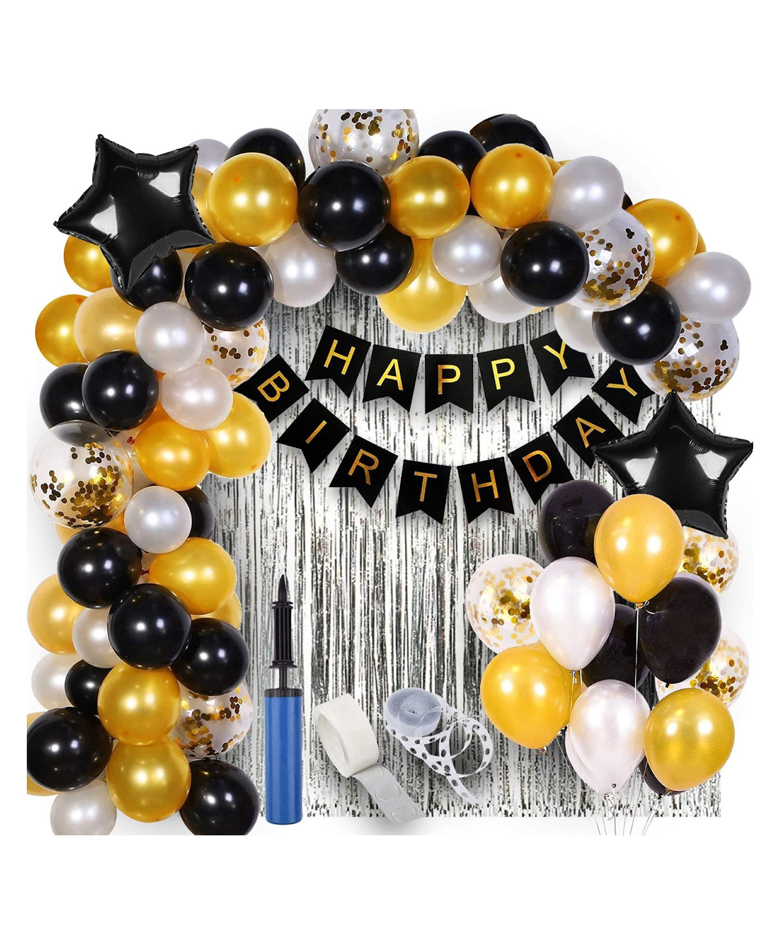 Bubble Trouble Foil,Latex,Paper (Cardstock) Birthday Decoration Items 63 Pcs,Happy Birthday Decoration Kit|Gold Black Birthday Decoration For Wife,Boys Girls|Balloon,Curtain,Pump,Glue Dot,Tape-picture-16