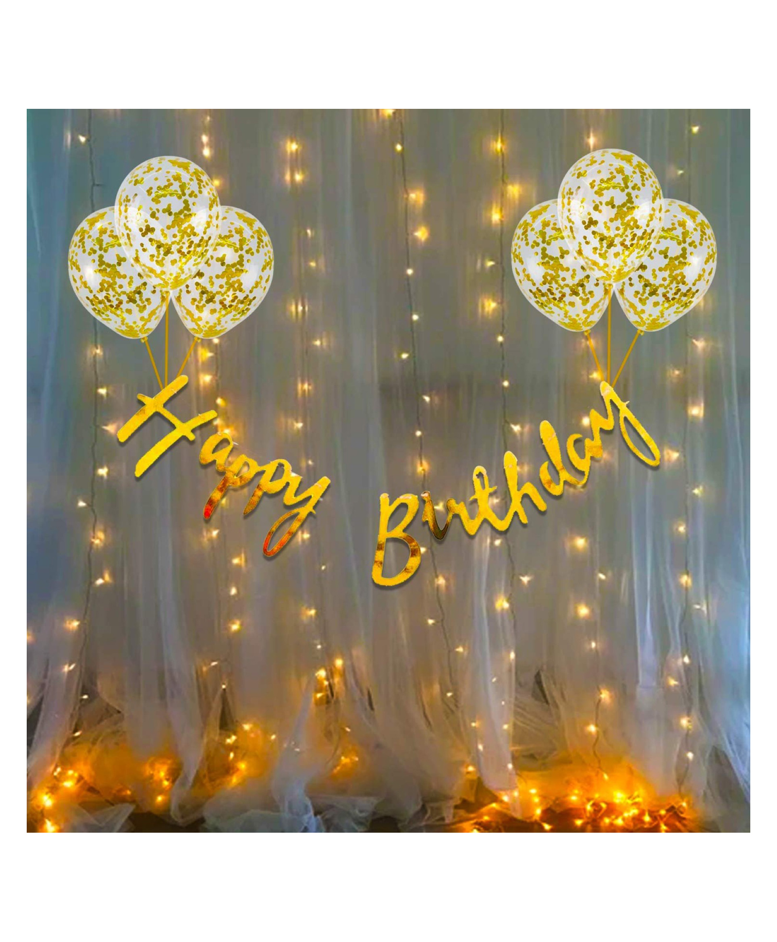 Bubble Trouble Birthday Decoration Items - Happy Birthday Banner (Cardstock) | Gold Confetti Balloons With Led Light | Birthday Decoration Items For Husband | Golden Theme Birthday Decoration