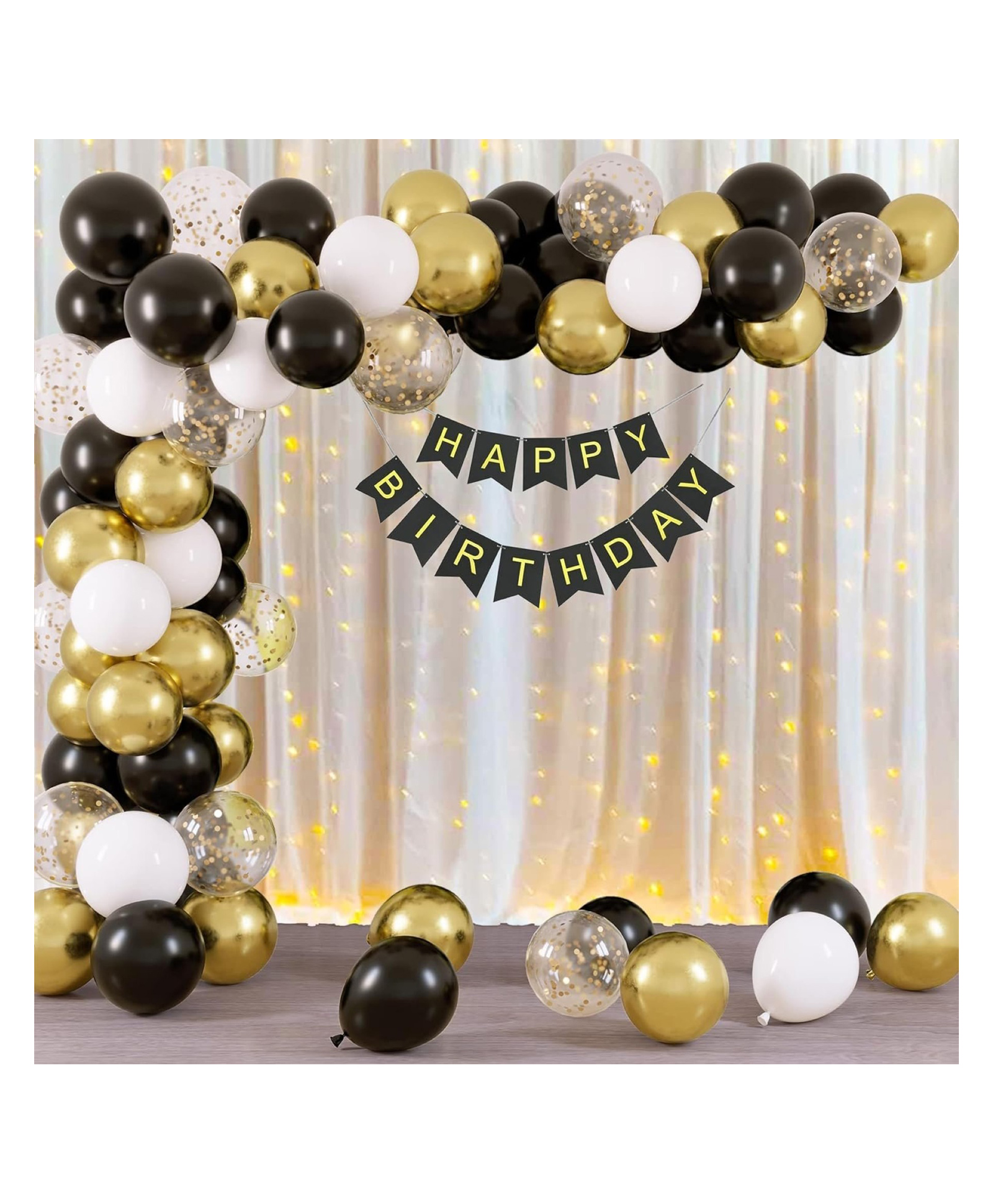 Bubble Trouble Black Golden & White with White Net Curtain & Light for Birthday Decoration Combo Kit for kids, Boys & Girls, Adult || Birthday Decorations Items ( Pack of 44 )-image-39