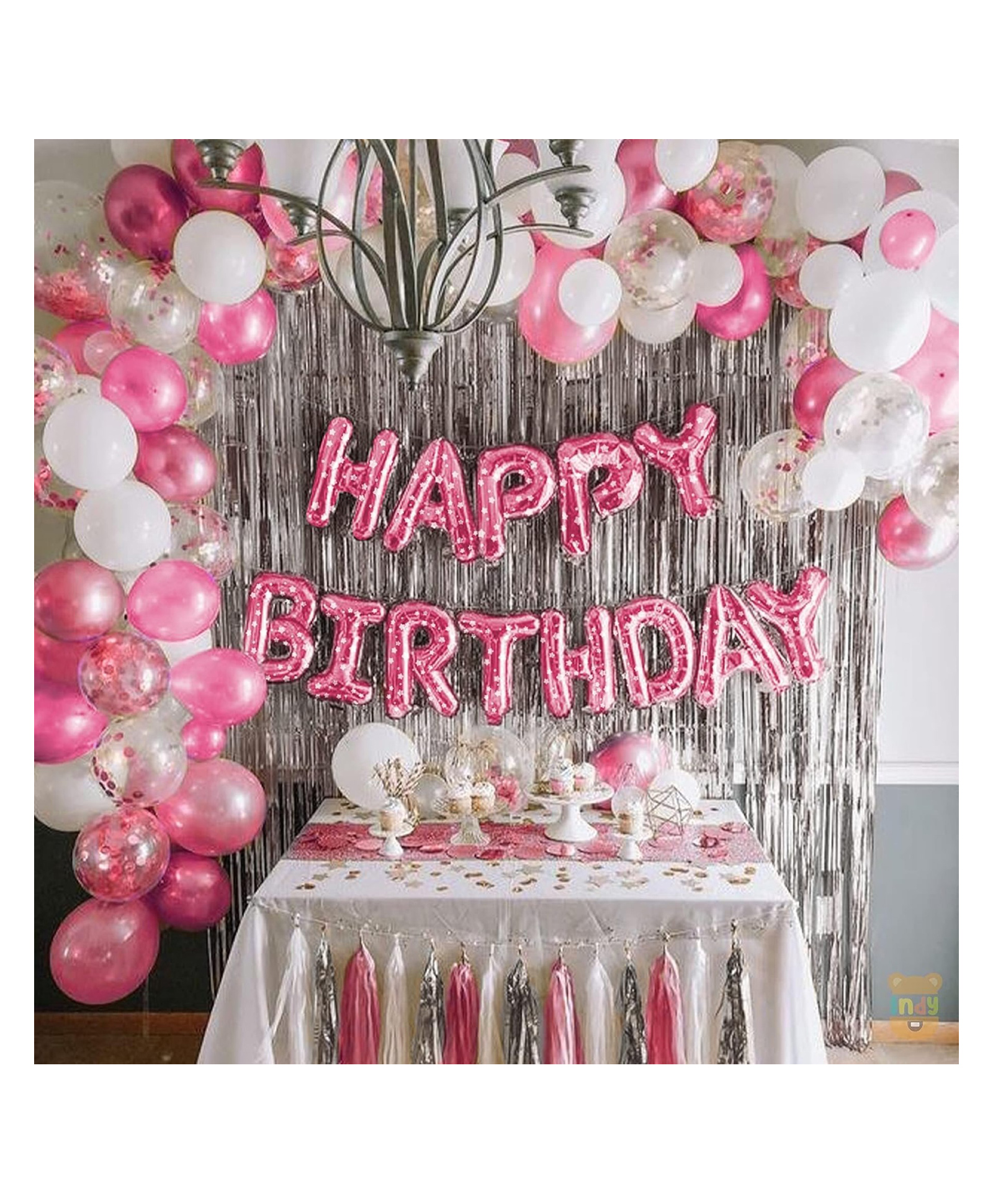 Bubble Trouble Set of 50 Pcs Happy Birthday Decoration Kit Combo - Pink Polka Dot Happy Birthday Letters , Silver Curtains , Pink & White Theme Confetti Metallic Foil Balloons Theme Backdrop-image-4