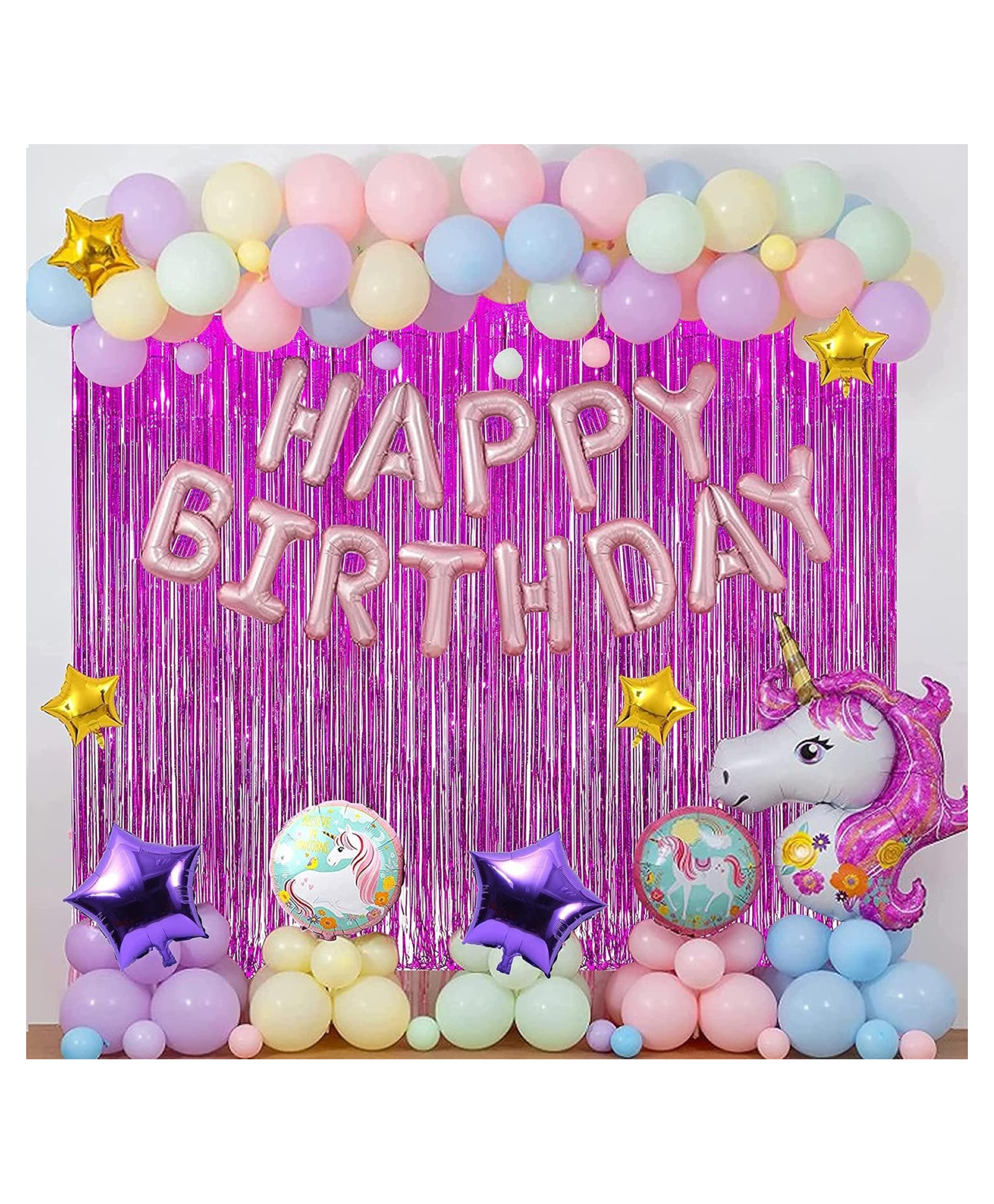 Bubble Trouble Happy Birthday Unicorn Theme Back Drop Curtain Pastel Balloons Set 74 Pcs-image-24