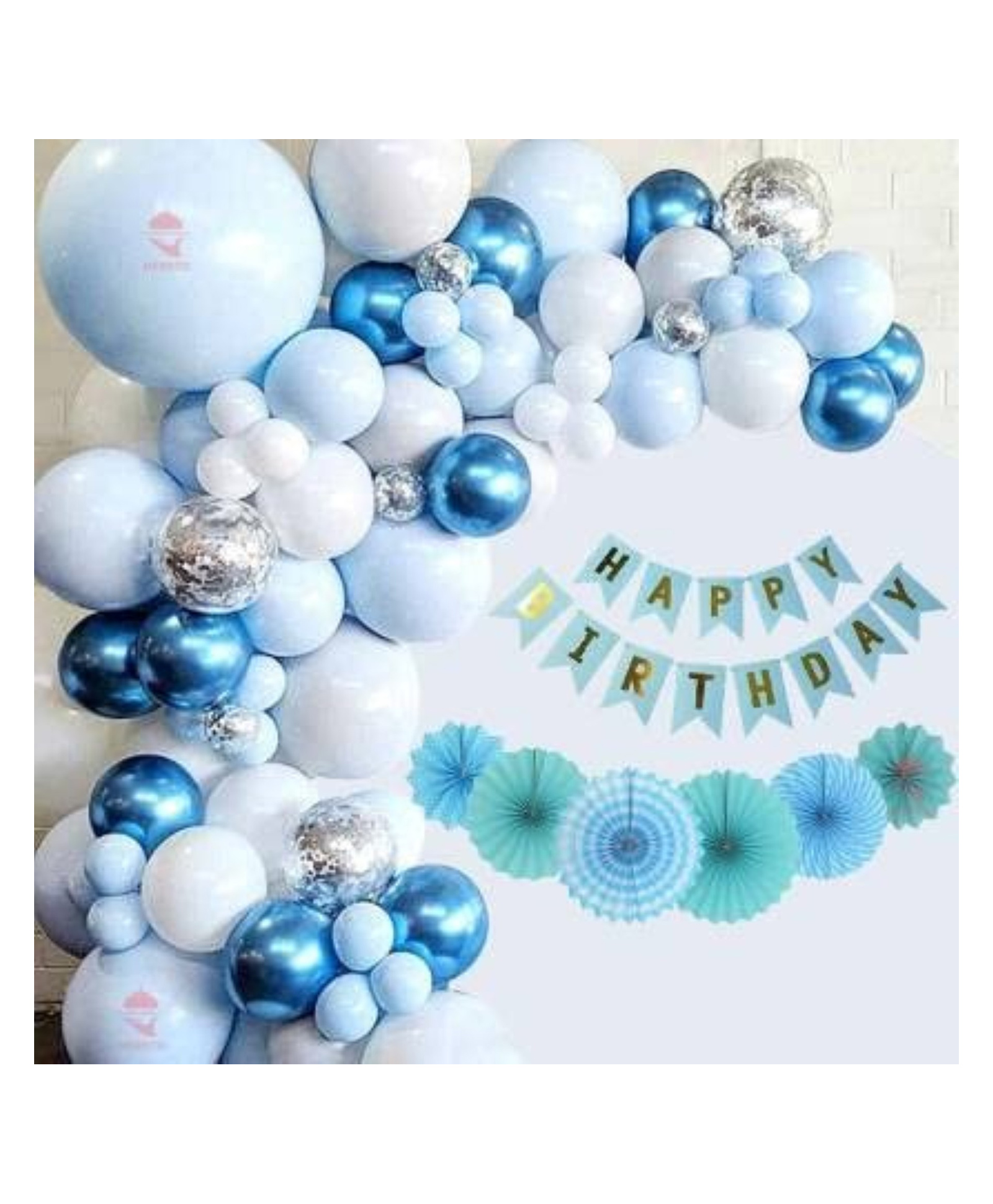 Bubble Trouble 73 Pc Happy Birthday Decoration Kit - Blue White Balloons with Birthday Banner, Paper Fan, Air Pump for Balloons-picture-20