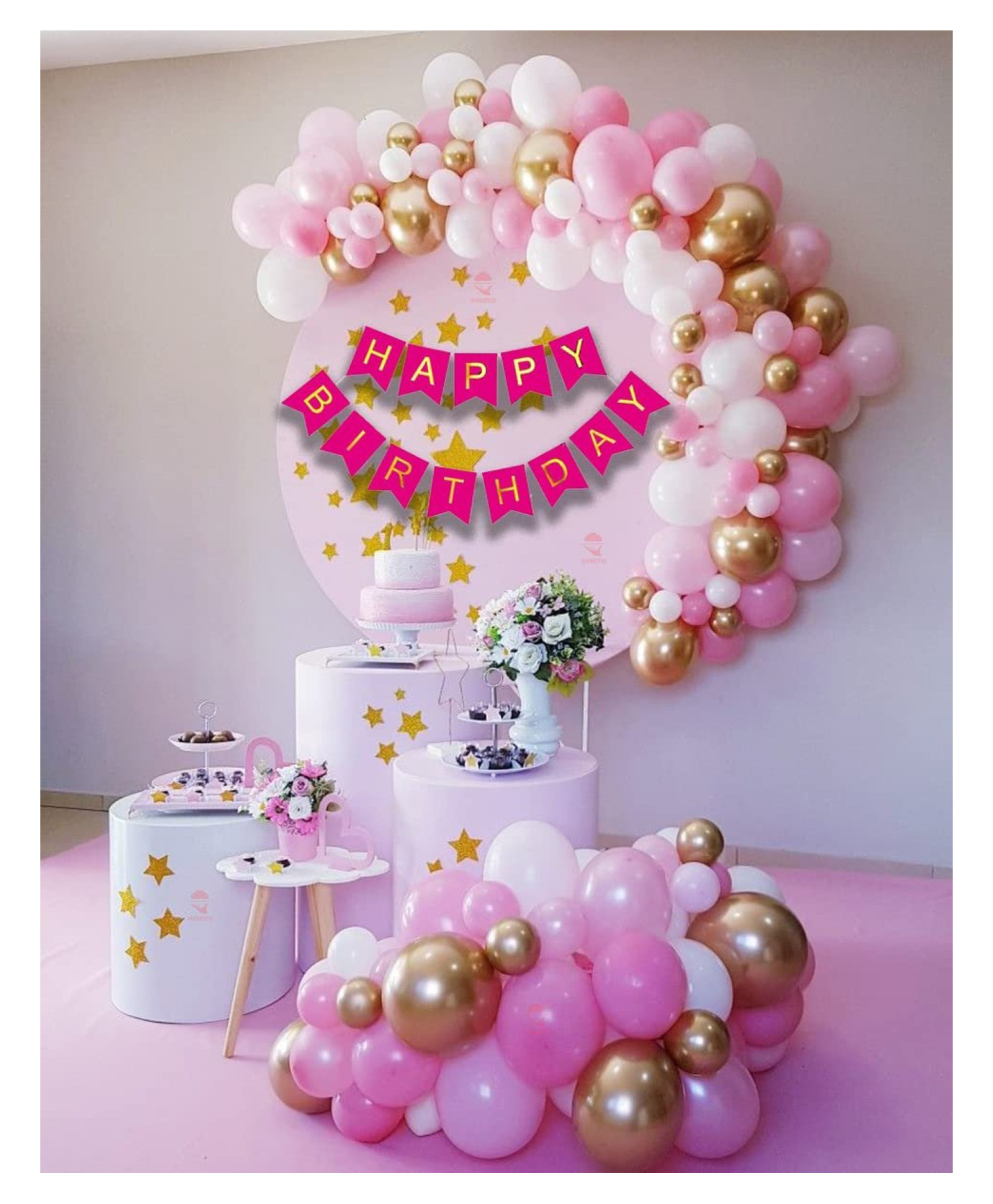 Bubble Trouble Birthday Decoration Kit 54 pc  Pink White Pastel Balloons Combo with Birthday Banner, Arc, Glue Dot for girls Kids Baby Birthday Decoration Items | Birthday Decoration Combo-image-15