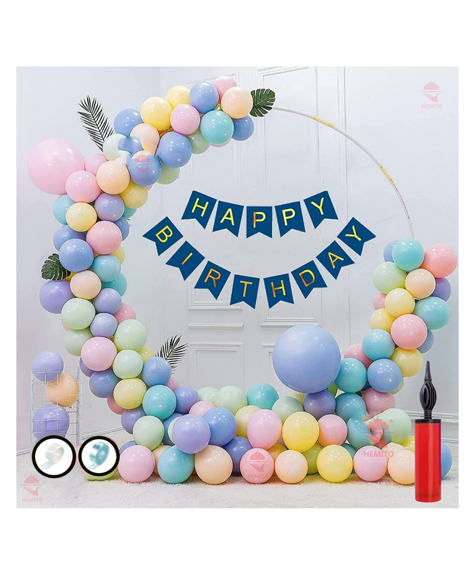 Bubble Trouble Birthday Decoration Kit 56 pc  Multicolour Pastel Balloons Combo with Birthday Banner, Arc, Glue Dot Knot Tool & Flower Clip for girls Kids Baby Birthday Decoration Items-image-10
