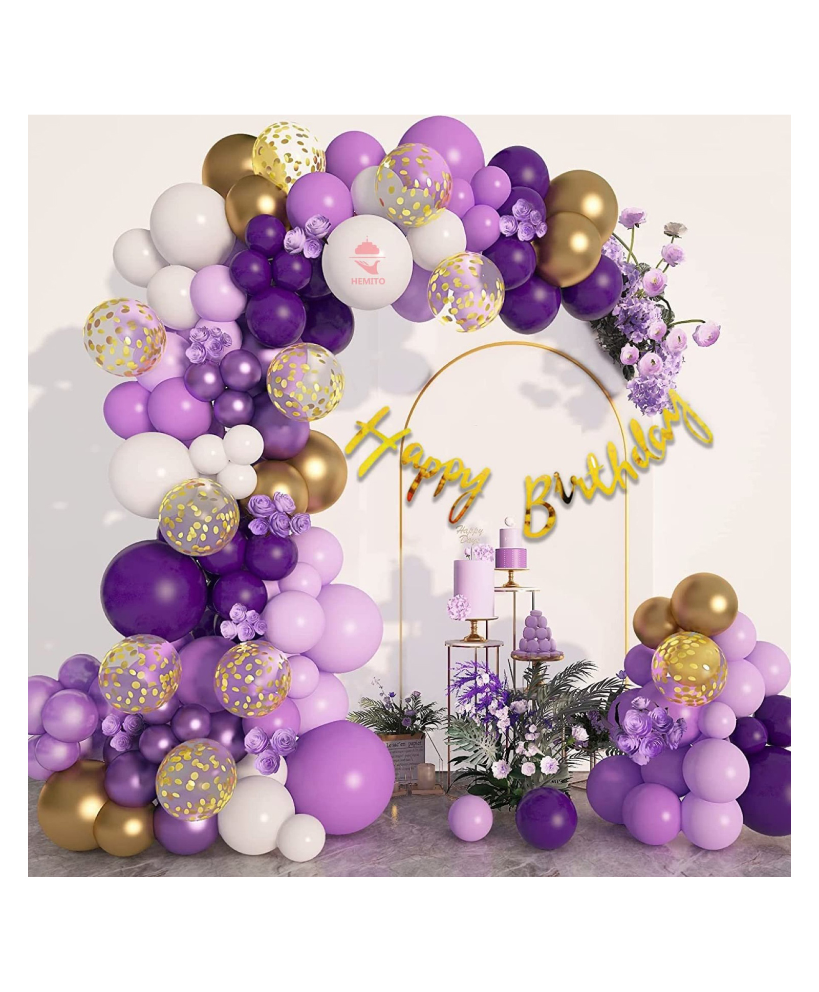 Bubble Trouble 55 Pc Birthday Decoration item Birthday Banner Metallic Pastel Balloons Confetti Chrome Balloons along with Glue Dot Roll Arch Roll & Hook| Happy Birthday Decorations combo (Purple White)-image-38