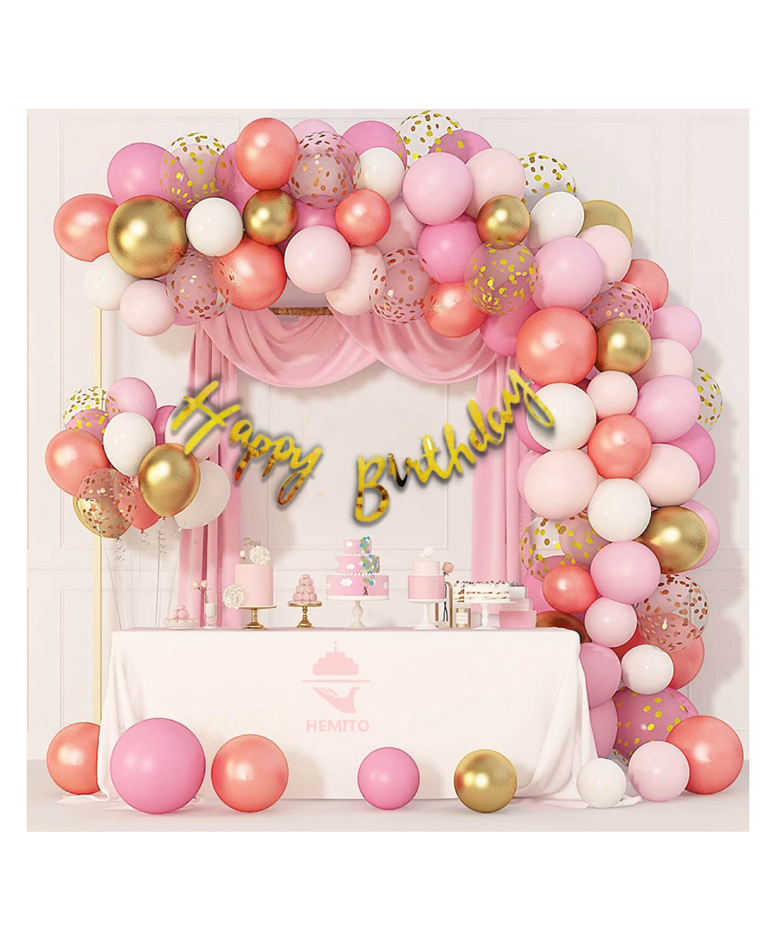 Bubble Trouble 54 Pc Birthday Decoration Kit Rose Gold Pink White Balloon Birthday Banner, Gold Chrome Gold Confetti Arc, Glue Dot for girls Kids Baby Birthday Decoration Items | Birthday Decoration Combo-image-22