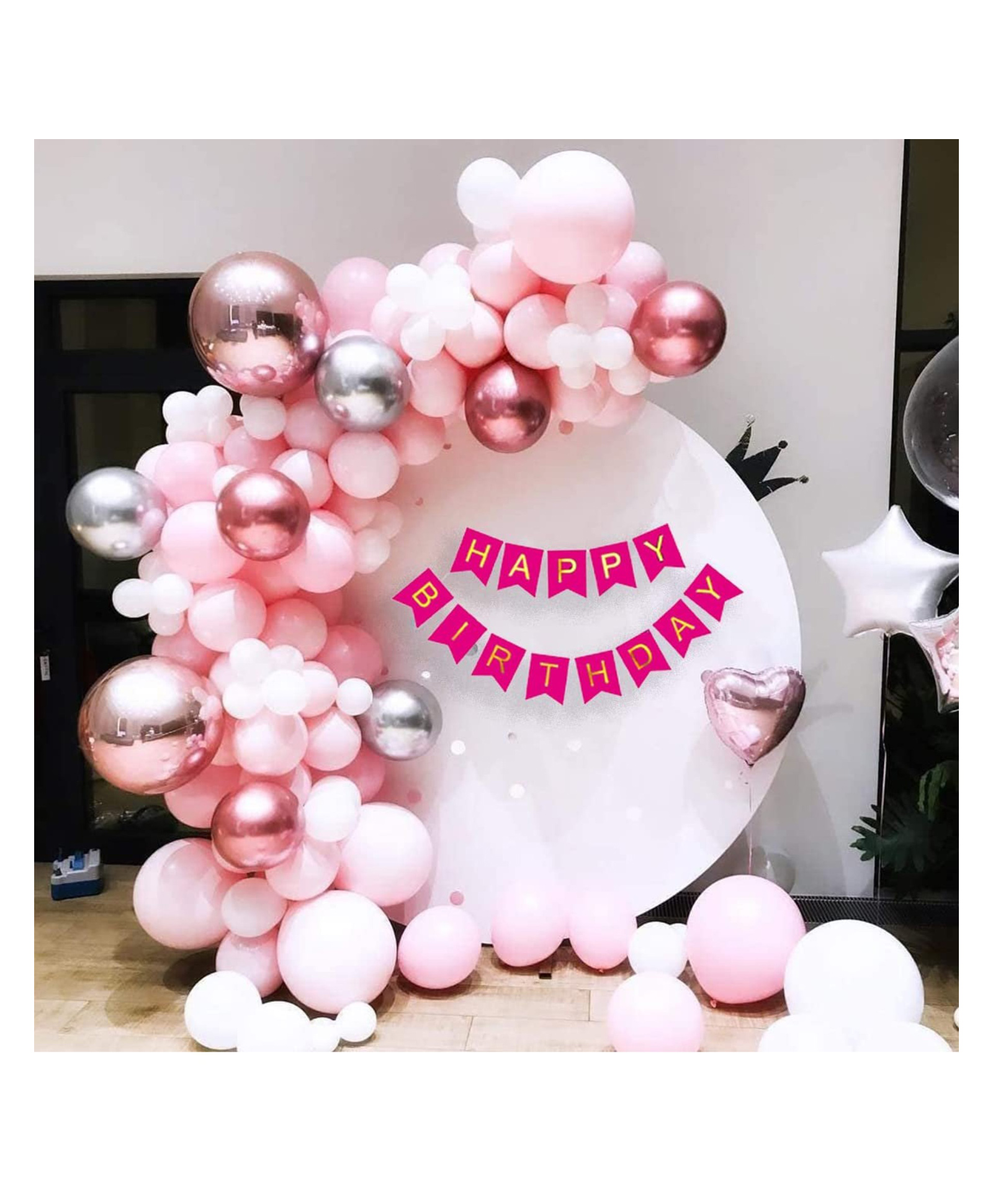 Bubble Trouble Birthday Decoration Kit 56 pc Pink White Balloon with Birthday Banner, Arc, Glue Dot for girls Kids Baby Birthday Decoration Items | Birthday Decoration Combo material Latex-image-9
