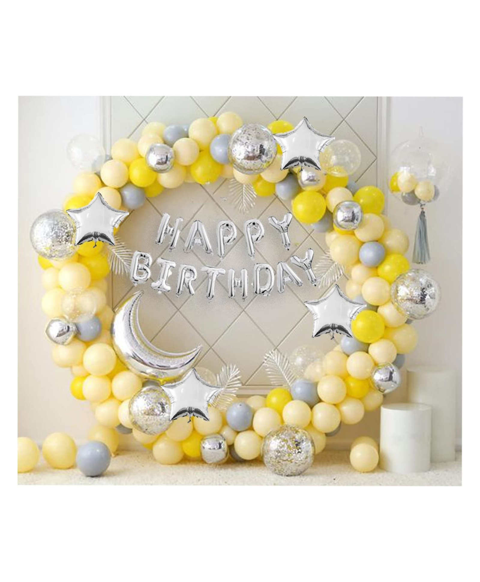 Bubble Trouble 74Pc Birthday Decoration Kit Yellow Grey Silver Balloons Birthday Foil Moon Stars with Arch & Glue Dot & Balloon Hand Pump Birthday Decoration Items | Birthday Decoration Combo-image-30
