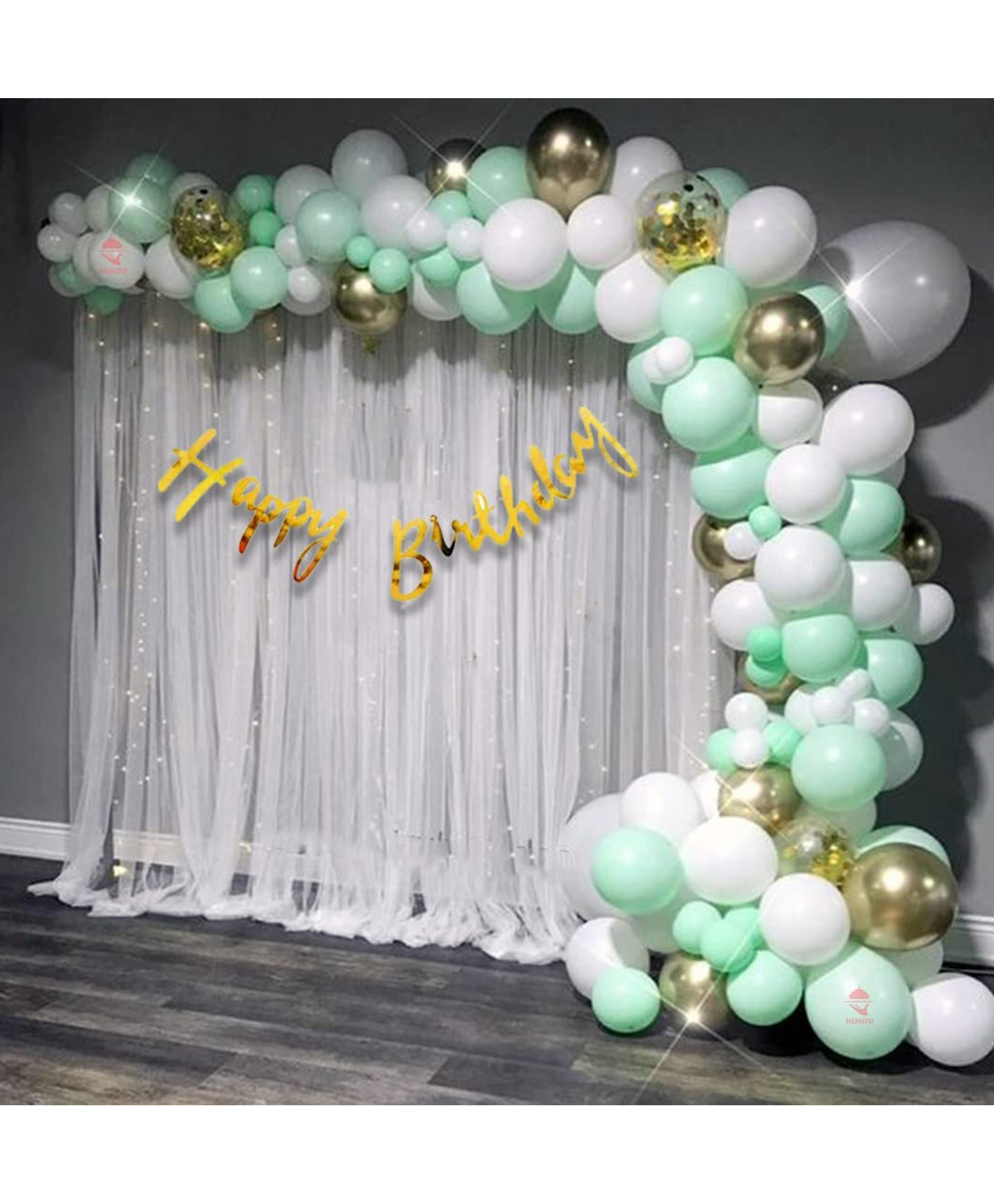 Bubble Trouble 59 Pc Cabana Tent Birthday Decoration Set  Pastel Balloons White Net for Cabana Theme Party with LED Lights with Gold Cursive Banner Background Decoration Items, Birthday Decoration Items,Cabana Tent Decoration-image-46