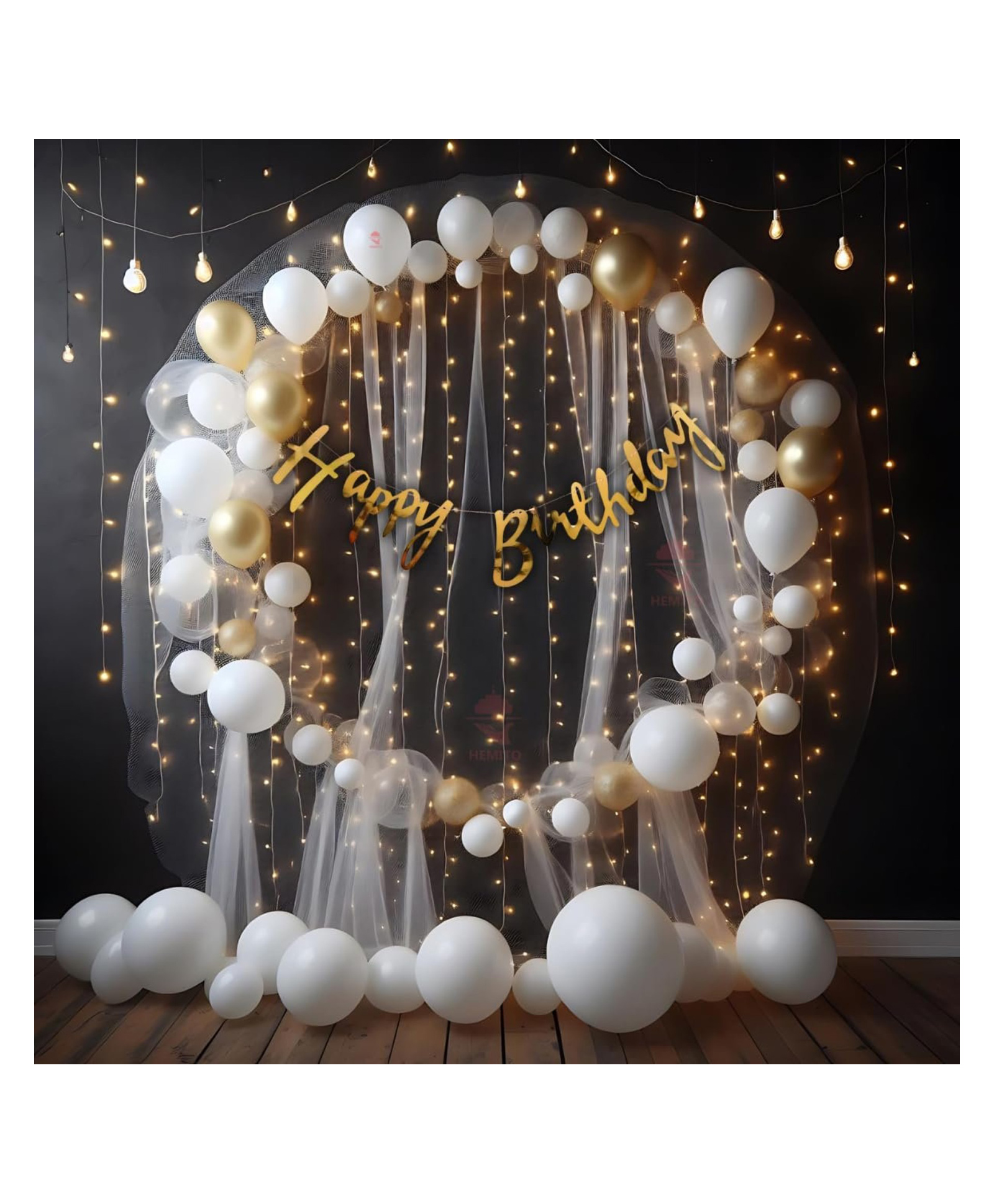 Bubble Trouble 50 Pc Cabana Theme Party Combo- White Gold Chrome Confetti Balloons With Fairy LED Lights | Happy Birthday Party Decoration Set Combo For Kids Boys Girls Adult Husband, Wife-image-12