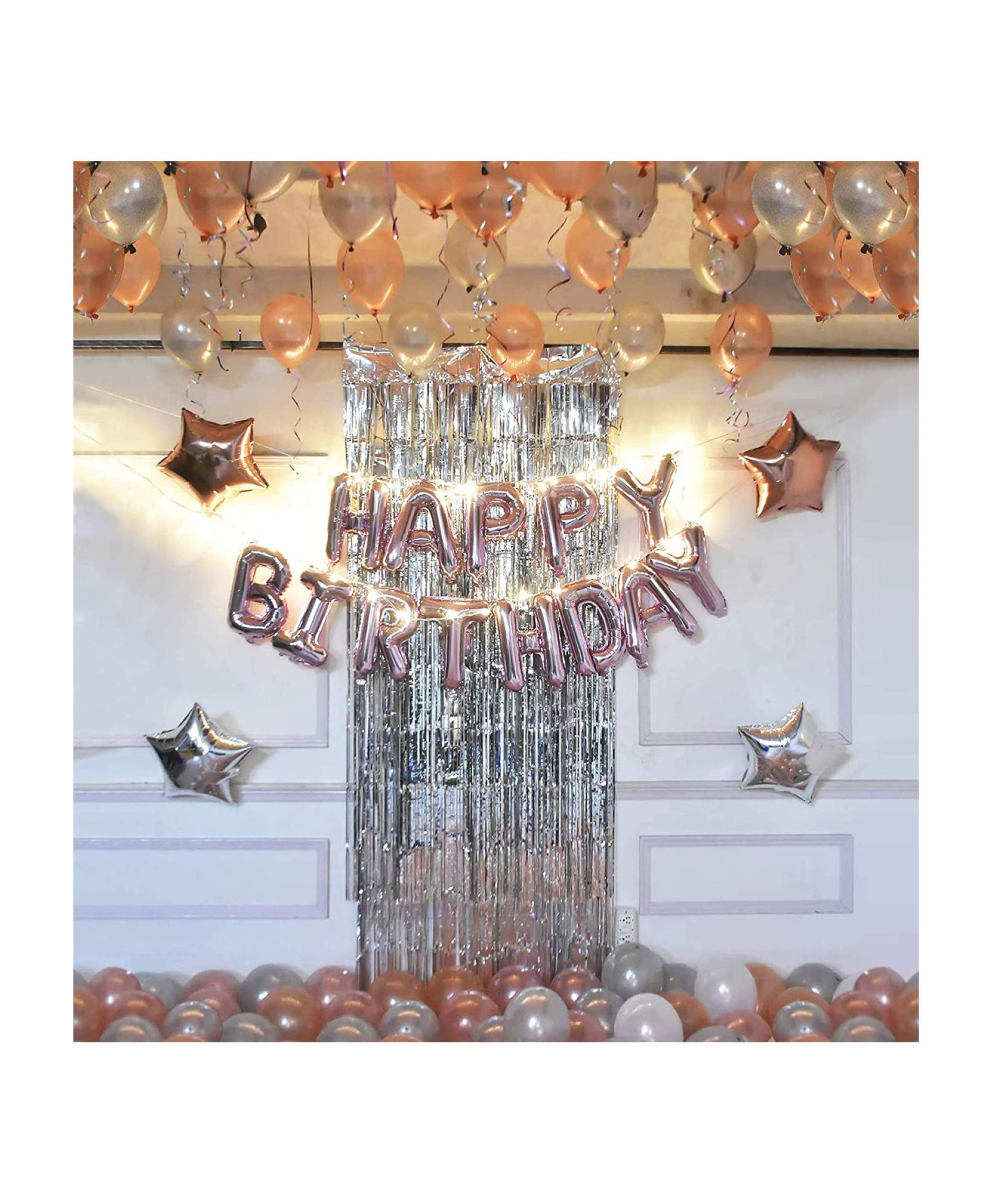 Bubble Trouble Rose Gold Birthday Decoration Kit -72Pcs with Happy Bday Ballons Led Light Foil Curtain & Hand Balloon Pump Star Foil Balloons for Baby Girls, Women, Boys,Wife Theme Celebration Items-image-40