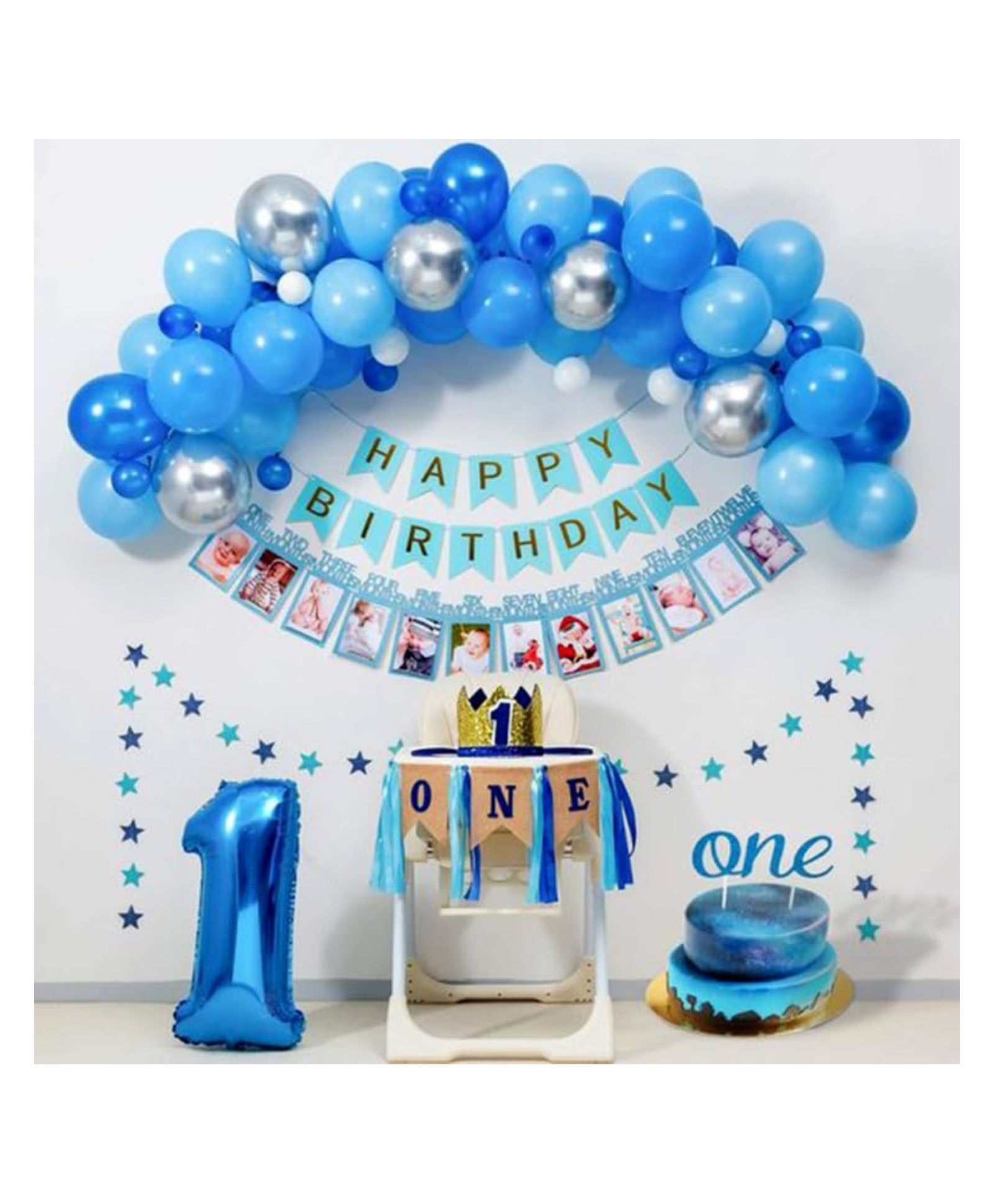 Bubble Trouble 1st Happy Birthday Theme Combo Kit With Metallic Balloons Photo Paper Banner & Balloon Arch For Little Prince Party Decoration (Pack Of 34) Blue-image-34