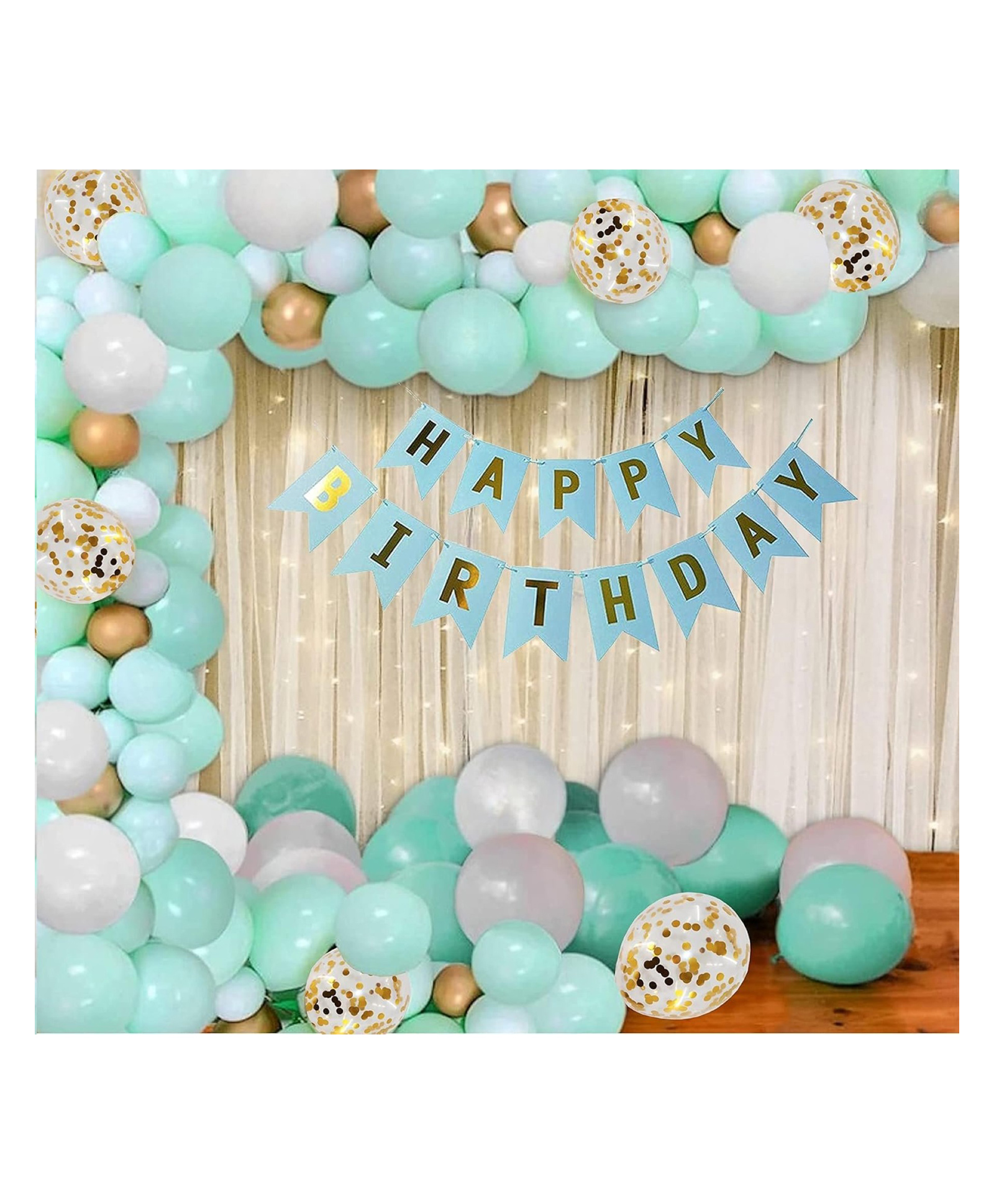 Bubble Trouble Happy Birthday Mint Green Balloons Arch Banner Net Curtain LED Light Back Drop Decoration Set of 101 Pcs-image-38