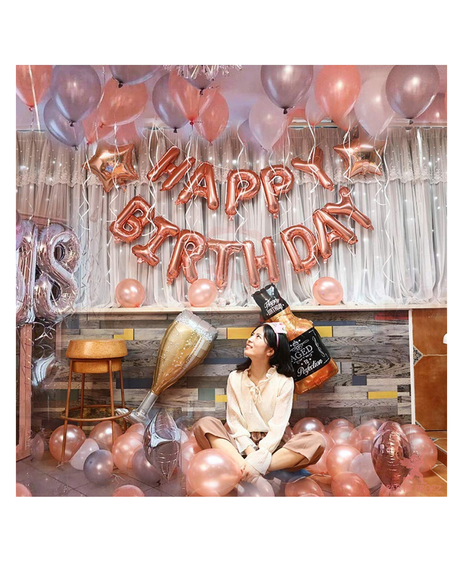 Bubble Trouble Rose Gold Birthday Decorations For Girls Combo Set-55Pcs For Rosegold Happy Birthday Foil Balloons,Metallic Balloons & Star Foil Balloons Pack for Women Girl Balloon Decoration Items-picture-22