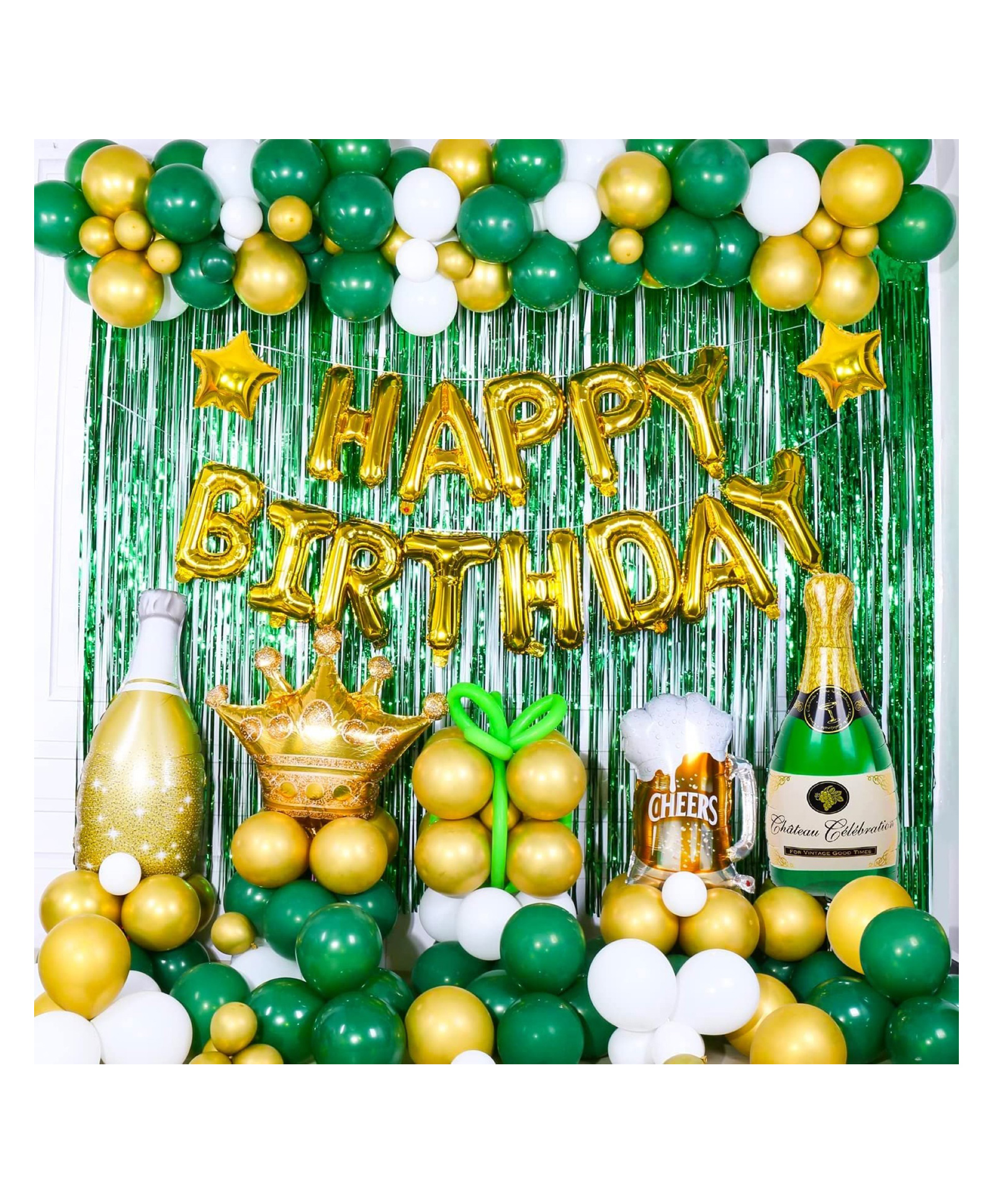 Bubble Trouble Happy Birthday Decoration Green/Golden - 51Pcs Set for Boys Husband Balloons Decorations Items Combo with Cheers Mug Foil Balloon Crown Foil, Champagne, Metallic Balloons With Foil Curtain-image-20