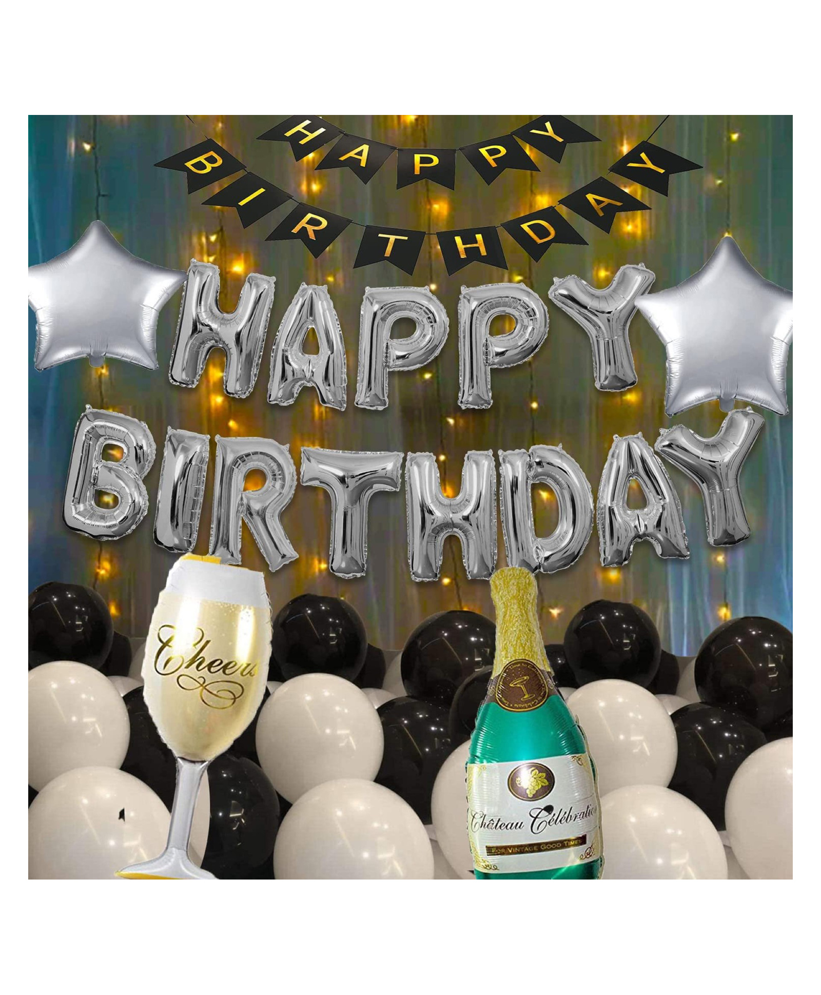 Bubble Trouble Happy Birthday Balloons Decoration Items Combo Kit for Grown ups - 57 Pcs with Champagne bottle & Glass, LED lights, Foil Balloons, Banner etc-image-34