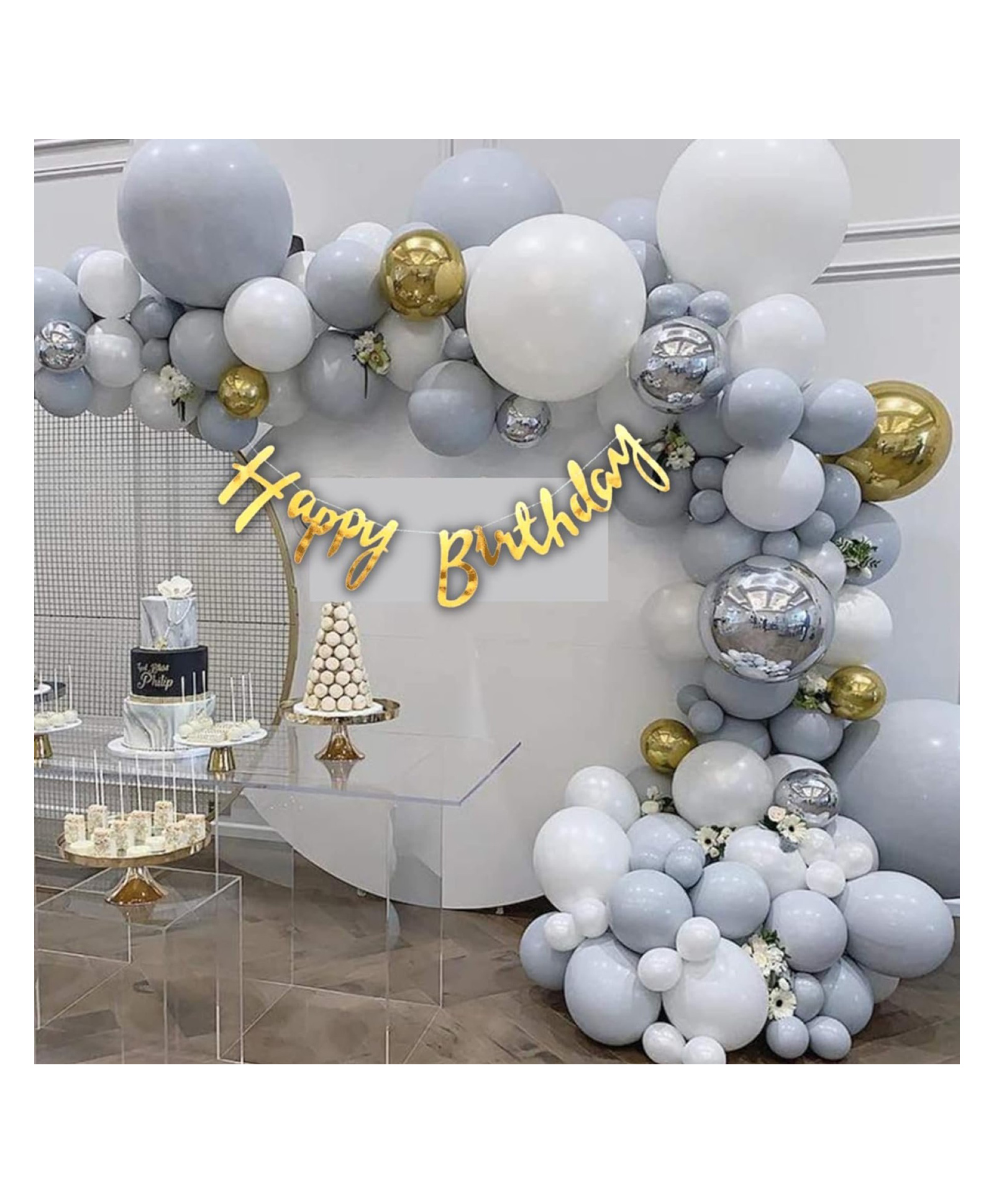 Bubble Trouble 51pc Grey, White & Gold Birthday Decoration Kit for Girls / Boys / Adult / 1st Birthday - 50pc Multicolor Balloons, 1 Banner ( 51pc Grey, Gold & White Theme Birthday Decoration Items )-image-28
