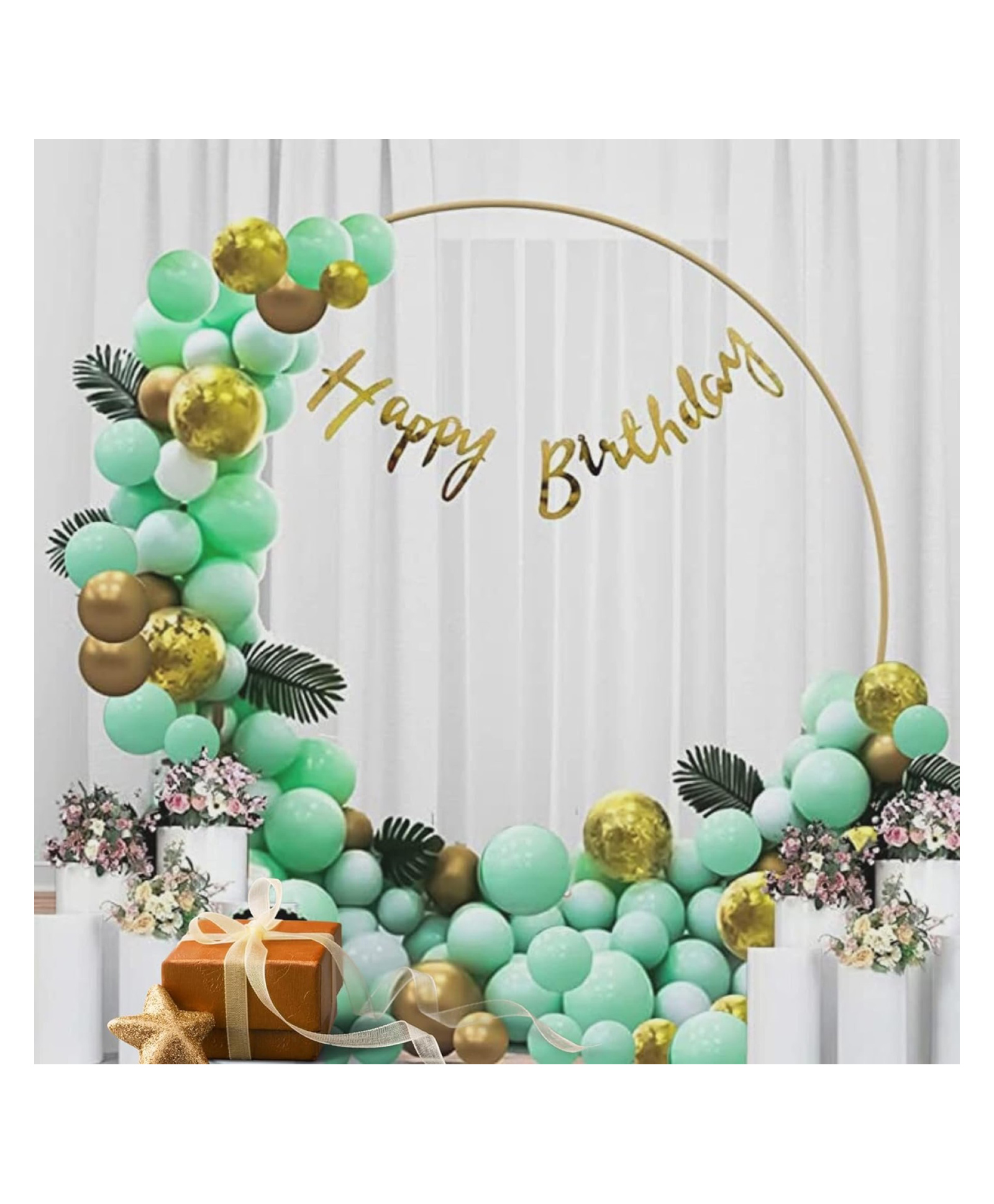 Bubble Trouble 51pc Pastel Green & Gold Birthday Decoration Items for Girls / Boys / 1st / Adult Birthday - 50pc Multicolor Balloons, 1 Banner ( 51pc Golden & Green Theme Birthday Decoration Kit )-image-39