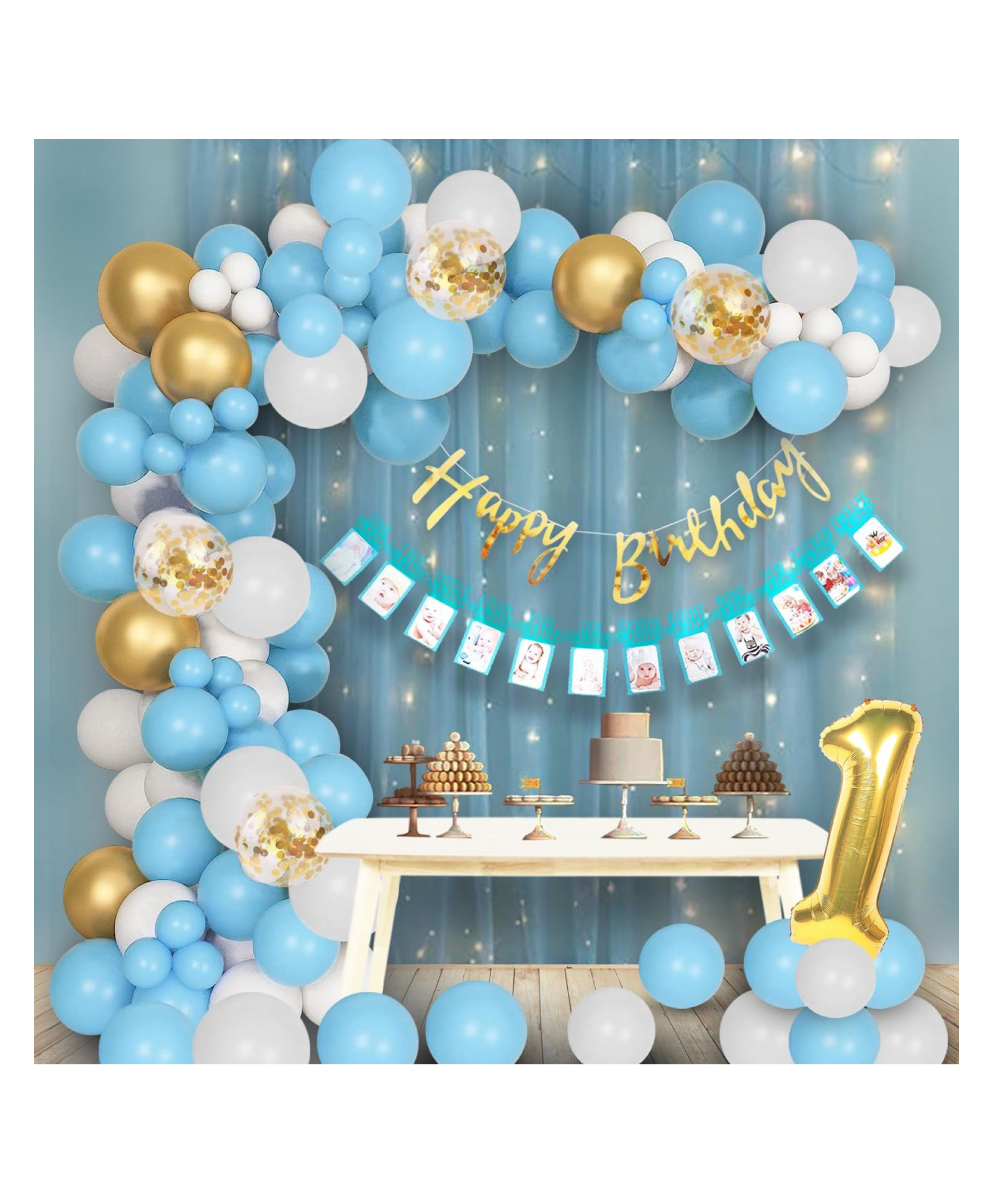 Bubble Trouble 1st Birthday Decoration Items - 77 Pcs, Birthday Decoration Items For Kids | Birthday 12 Months Photo Banner(cardstock) | Birthday Banner | First Birthday Decoration Boy | Curtain, Lights, Glue Dot, Ribbon-image-29