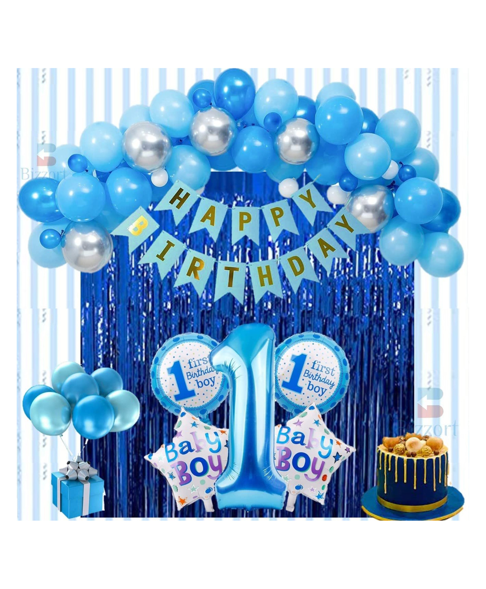 Bubble Trouble Boys First Birthday Party Decoration Combo Pack of 38 Pcs| 5 Pcs Foil Balloons Set | Foil Curtains | 30- Metallic Balloons (Silver & Blue)| Happy Birthday Banner - Theme-image-35