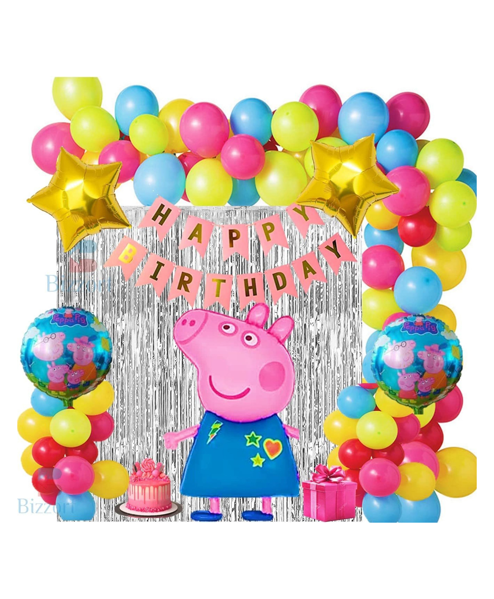 Bubble Trouble Peppa Pig Birthday Party Decoration Kit Of 49 /5 Pcs Peppa Pig Foil Balloons|Happy Birthday Banner|Foil Curtains|40 Metallic Balloons|Curling Ribboon-Peppa Pig Theme Decoration-image-7