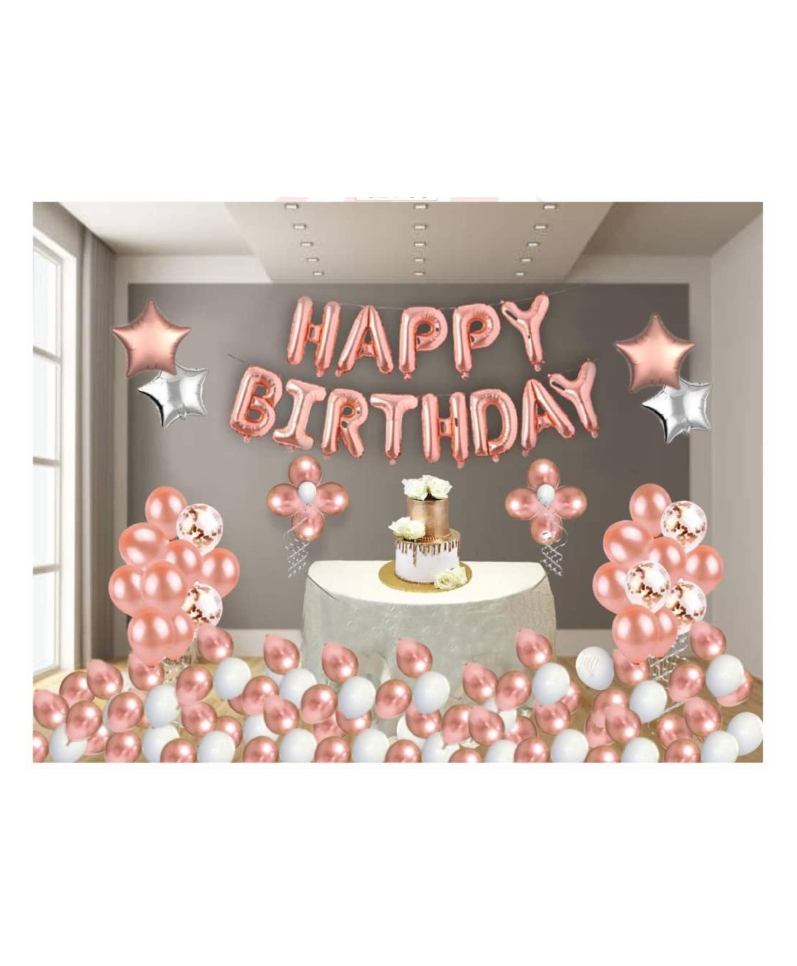 Bubble Trouble Pack of 51 Pcs Rose Gold Birthday Decorations Items Combo Set with Happy Birthday foil Letters set latex Balloons, Metallic Balloons, Curling Ribbons for Girls ,wife's Birthday Decorations-image-41