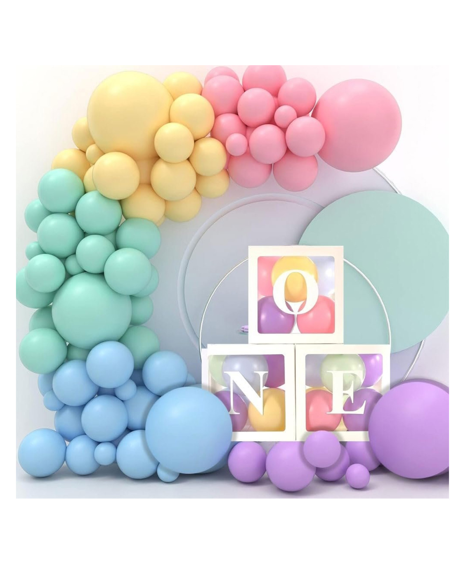 Bubble Trouble Transparent 3pcs One Letters Balloon Boxes With 50pcs Multi color pastel balloons For Baby Shower, Birthday Party Decoration.-image-44