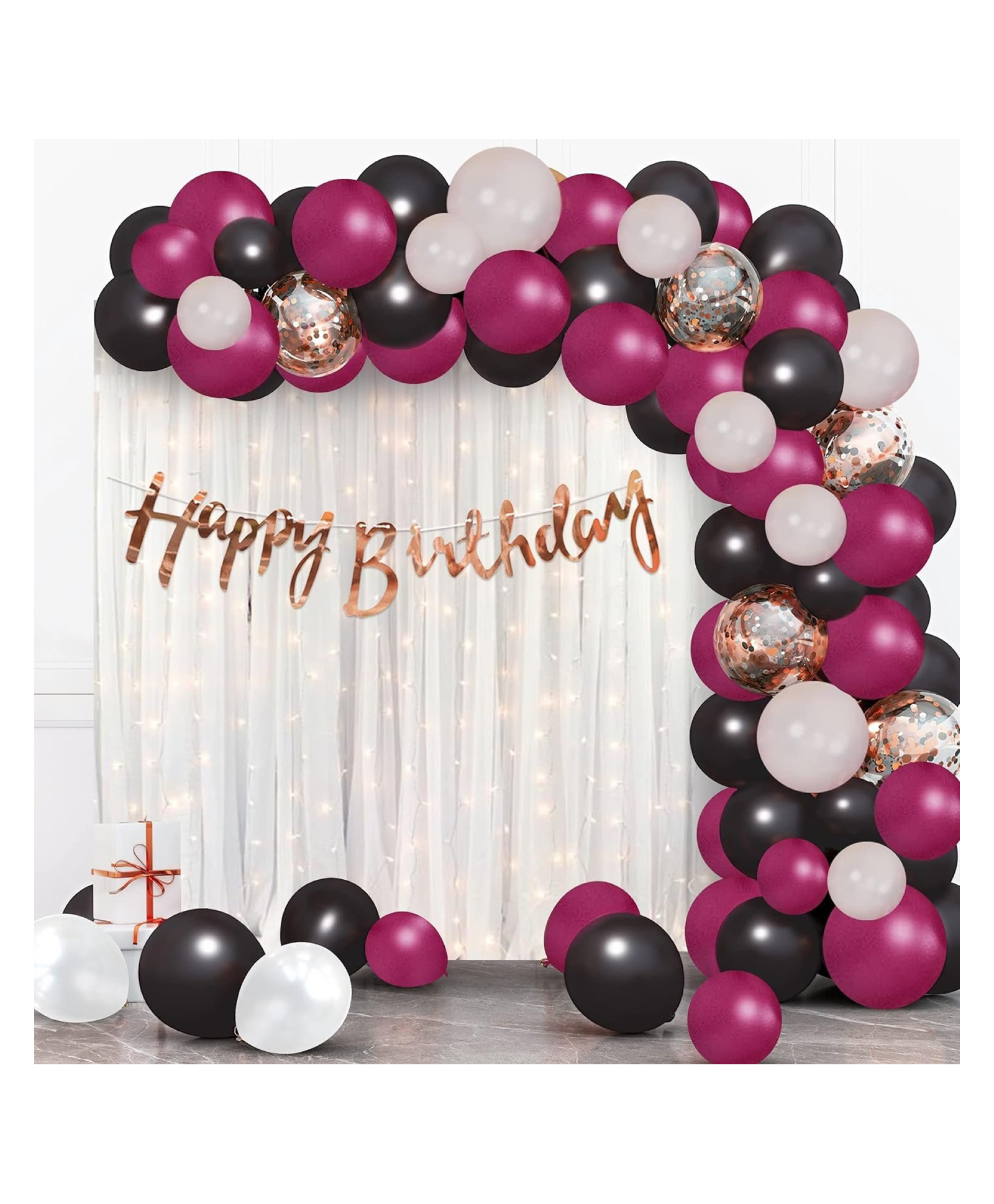 Bubble Trouble Black & Maroon Birthday Decoration Items - 72Pcs Happy Birthday Decoration Kit with Metallic Balloons | Maroon & Black Decorations | DIY Combo Kit | Net Curtains | Balloon Arch Strip-image-45