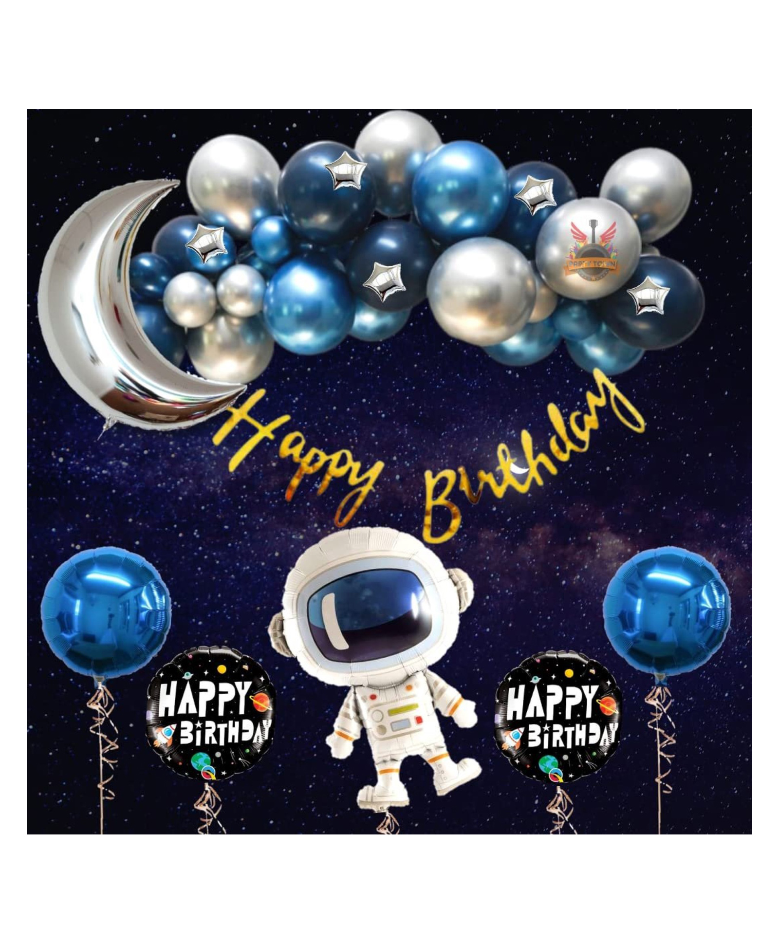 Bubble Trouble space theme decoration combo for boys & girls theme birthday party with Metallic balloons | Astronaut foil balloons | Mini star foil | Balloon arc | Glue dots - (Pack of 68) (Space)-image-8