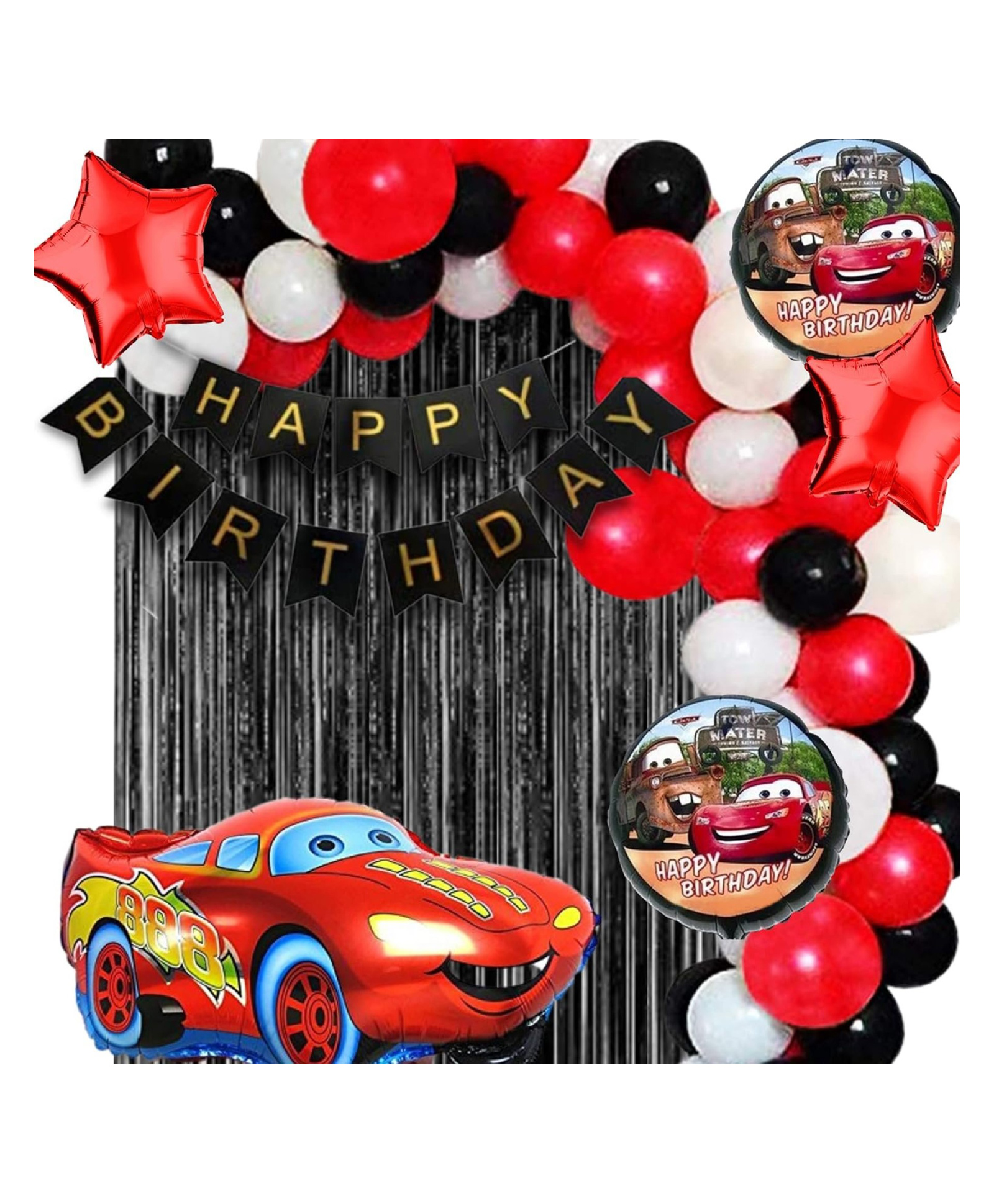 Bubble Trouble Queen Car Theme Birthday Decorations - 68pc Combo - 60 Multicolor Balloons, 1 Car Theme Foil Balloons set of 5, 1 Banner, 2pc Black curtain ( Car Birthday Theme Decoration )-image-39