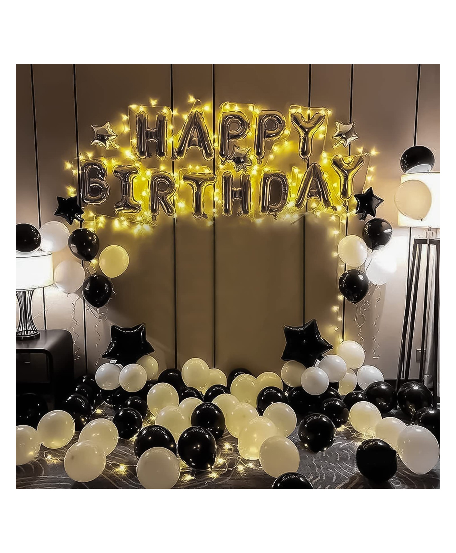 Bubble Trouble Black & White Theme Birthday decoration items kit for men & women & Black & Silver Star Foil Balloons & silver foil HBD banner- set of 69 items-image-10