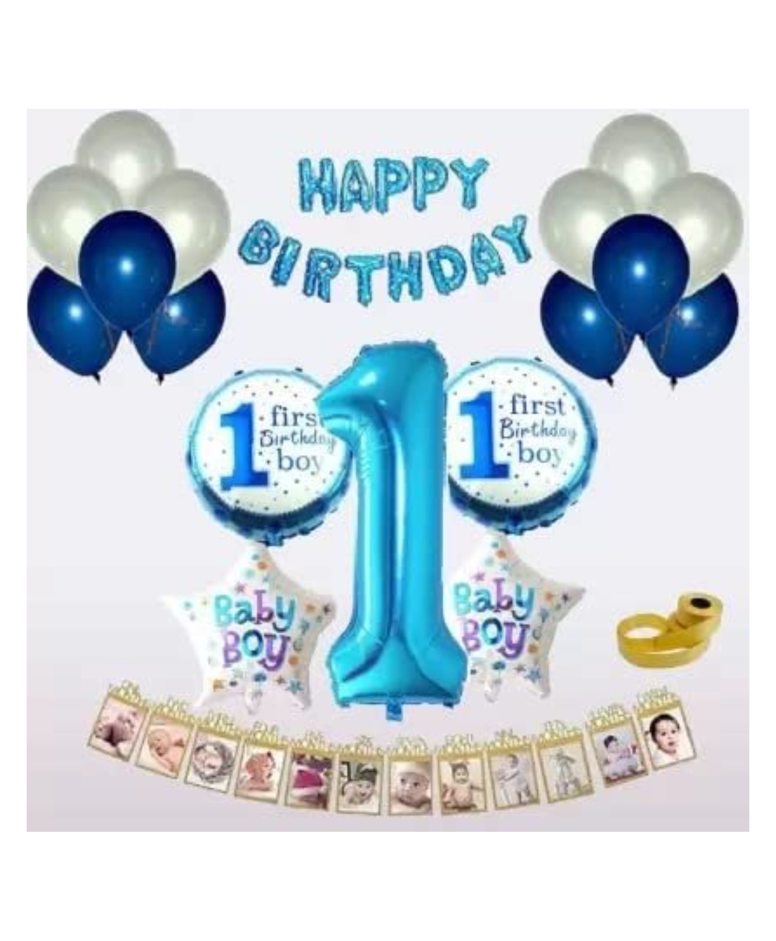 Bubble Trouble Baby boy 1st happy birthday party decorations combo pack blue colour theme (61 Pcs Blue Pack)-image-43