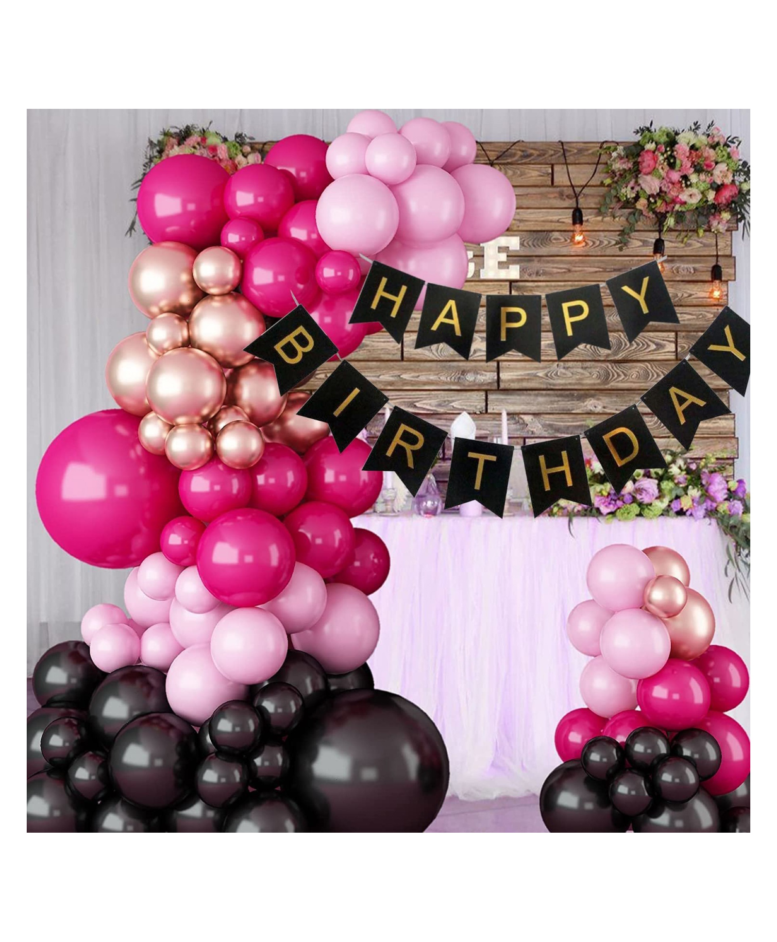 Bubble Trouble Pink Metallic Rose Gold Black Balloons, Happy Birthday Banner Decoration Kit For Birthday Party (Pack Of 61)-image-8